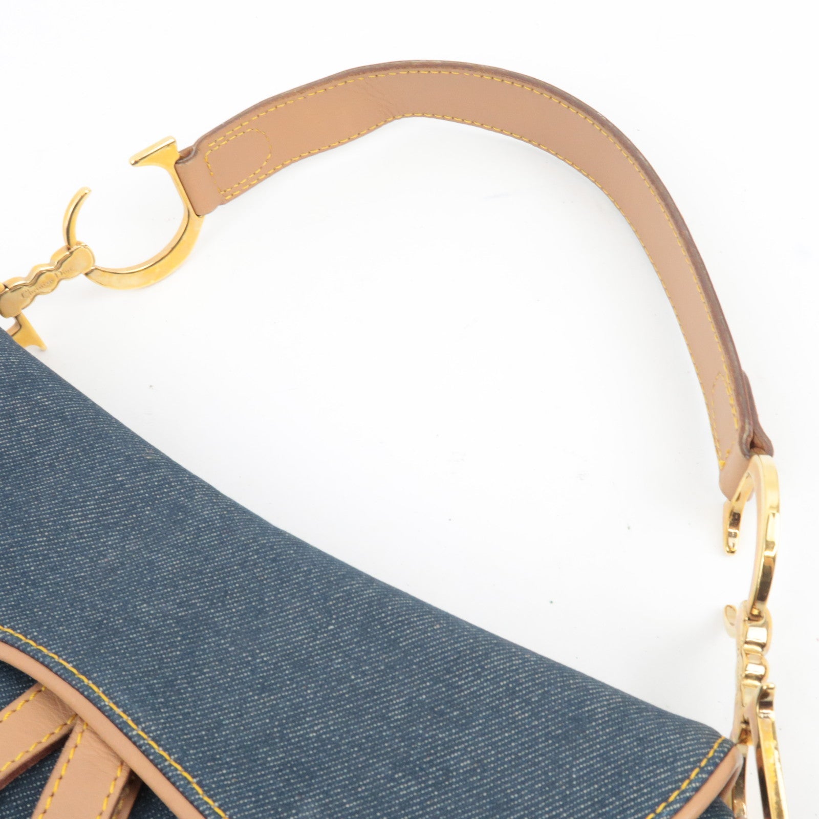Christian Dior Double Saddle Bag Shoulder Bag Denim Leather Navy Beige