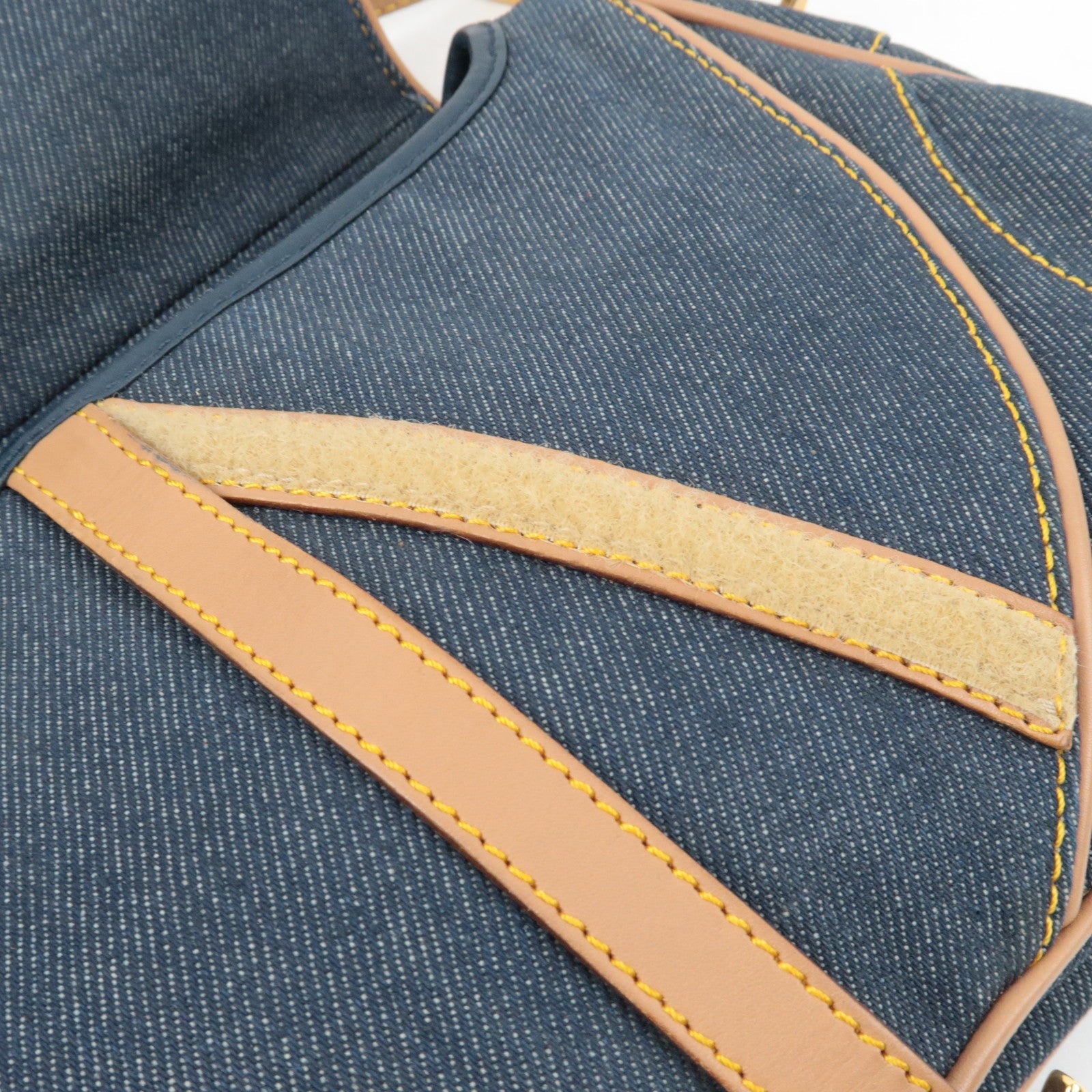 Christian Dior Double Saddle Bag Shoulder Bag Denim Leather Navy Beige