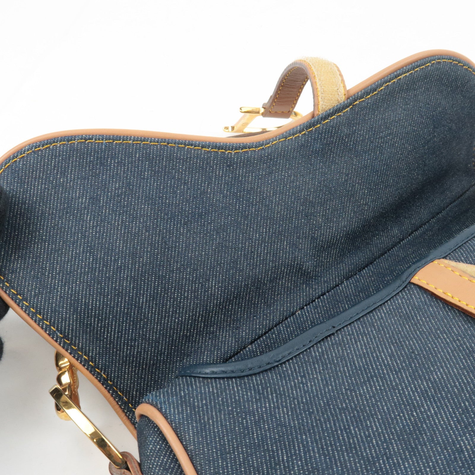Christian Dior Double Saddle Bag Shoulder Bag Denim Leather Navy Beige