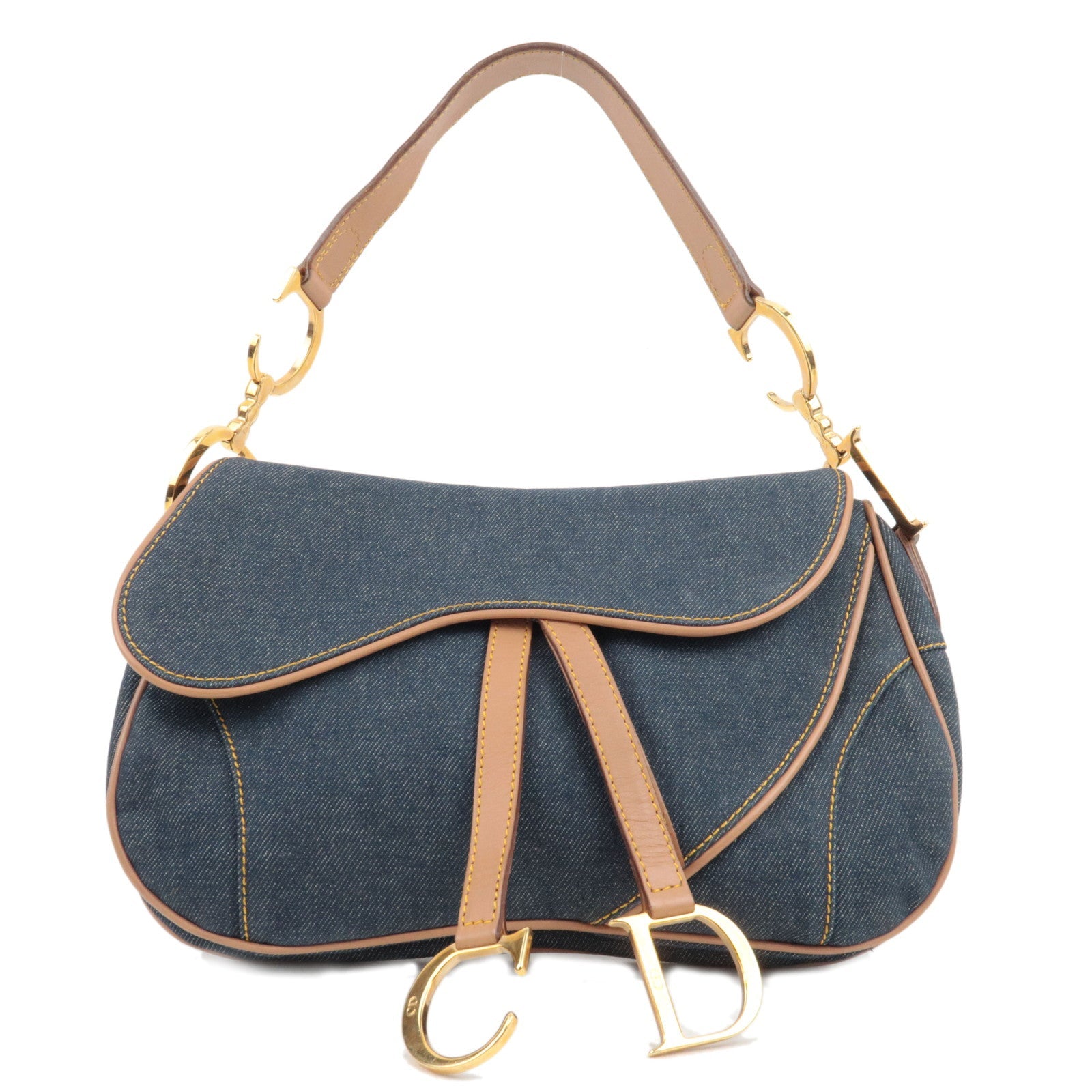 Christian Dior Double Saddle Bag Shoulder Bag Denim Leather Navy Beige77155