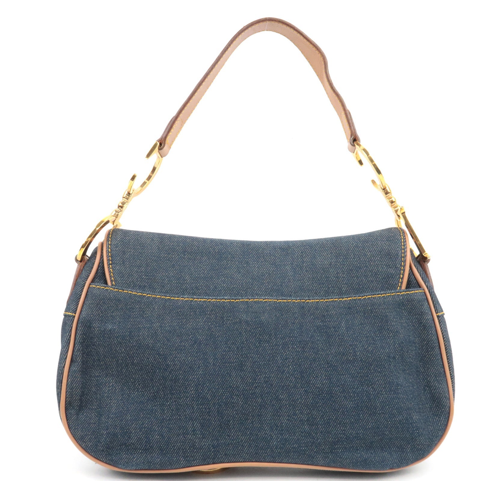 Christian Dior Double Saddle Bag Shoulder Bag Denim Leather Navy Beige