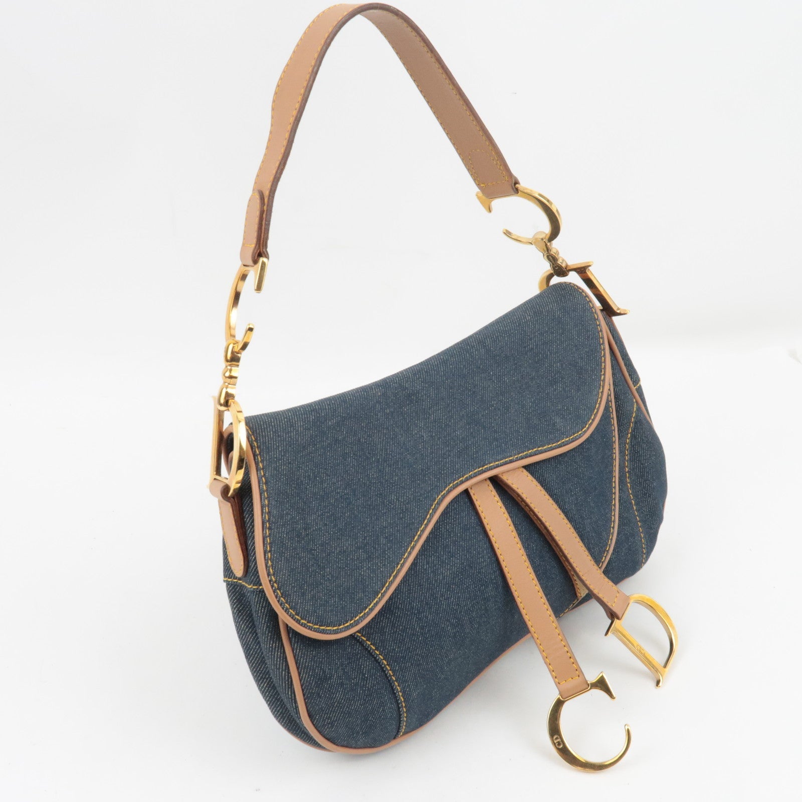 Christian Dior Double Saddle Bag Shoulder Bag Denim Leather Navy Beige