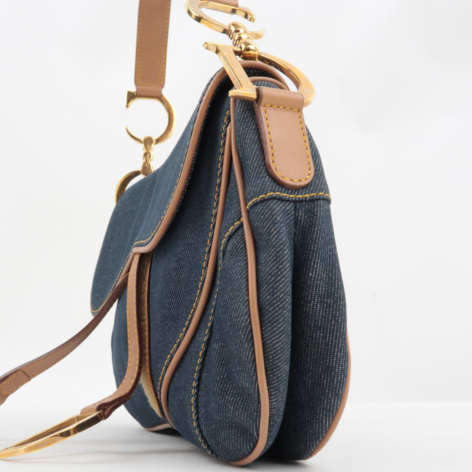 Christian Dior Double Saddle Bag Shoulder Bag Denim Leather Navy Beige