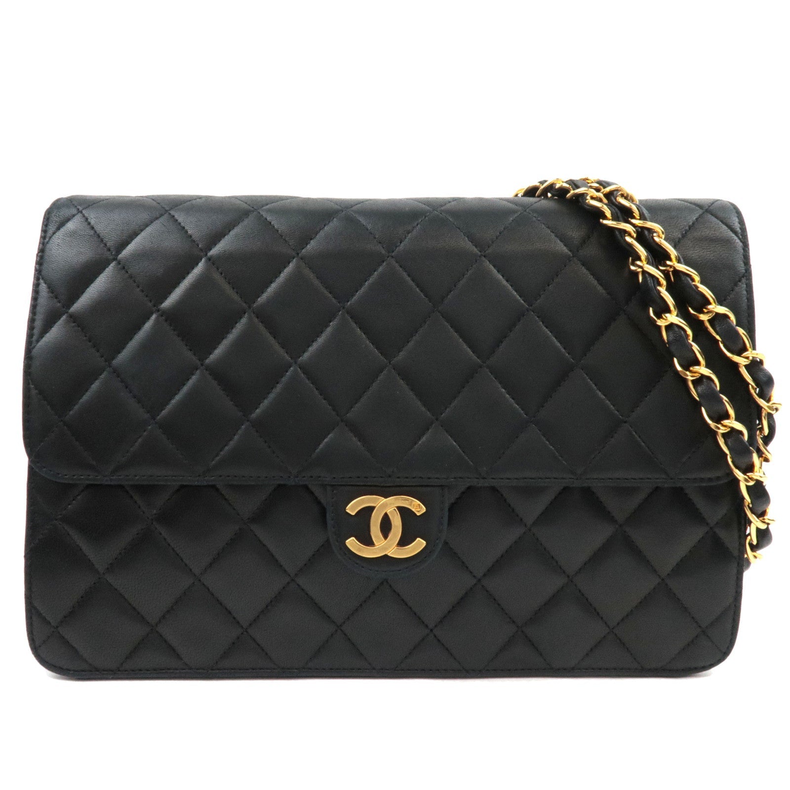 CHANEL Matelasse 25 Single Flap Chain Shoulder Bag Lambskin Black Gold HDW 4624662 *Box, G card77236