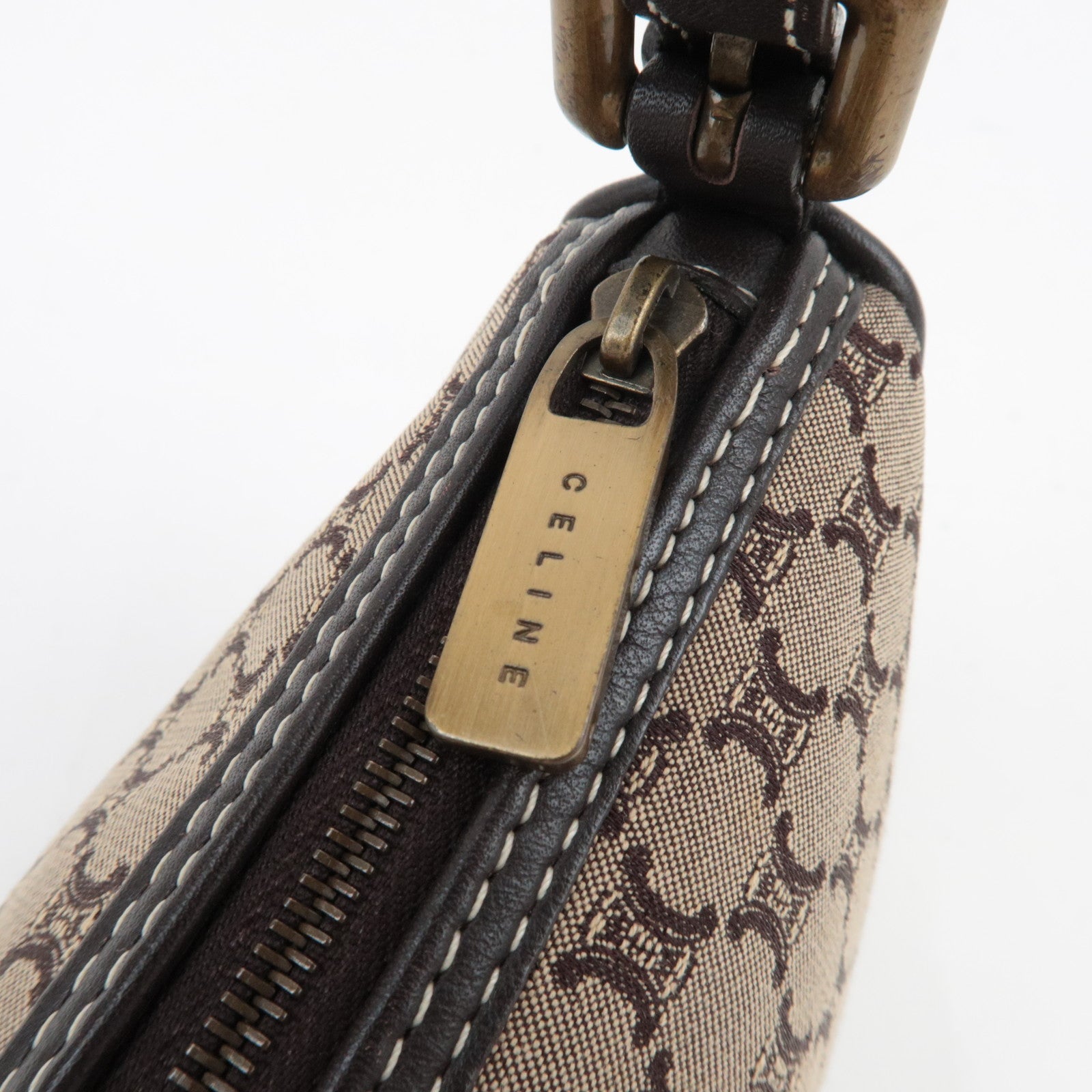 CELINE Paris Macadam Handbag Canvas Leather Beige Brown