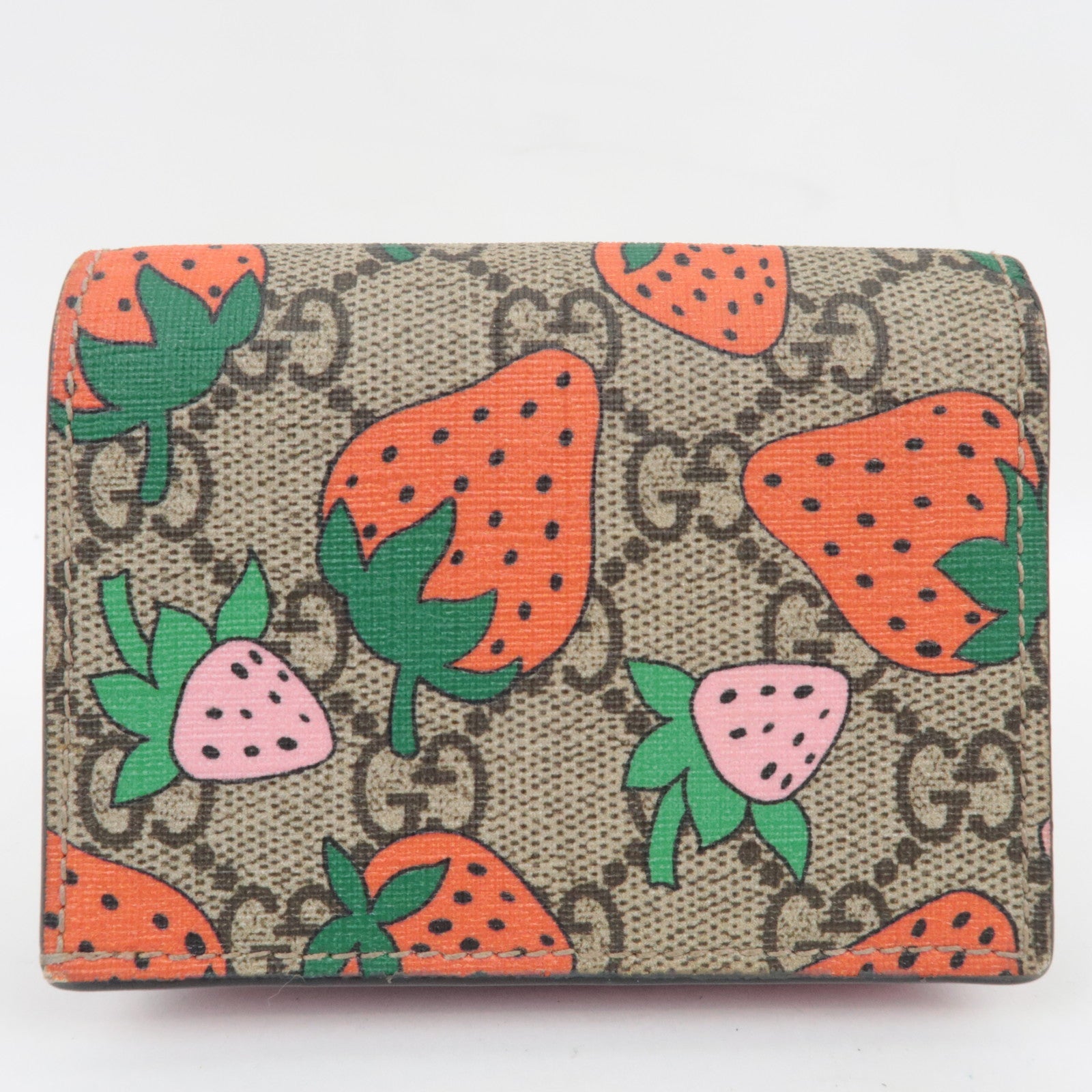 GUCCI GG Supreme Strawberry Bi-Fold Wallet Beige Pink 573839