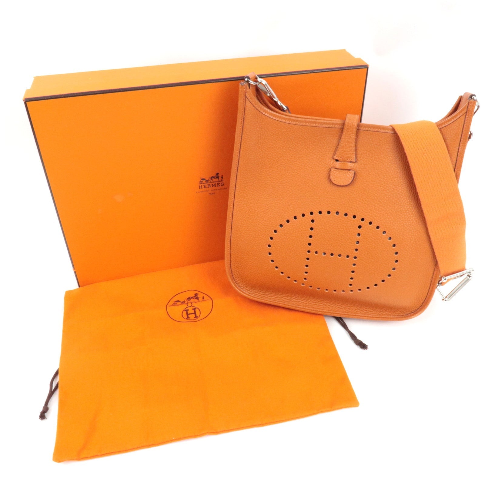 HERMES Evelyn 3 PM Shoulder Bag □I Stamp (2005) Taurillon Clemence Orange Silver HDW *Box, Dust bag, Strap