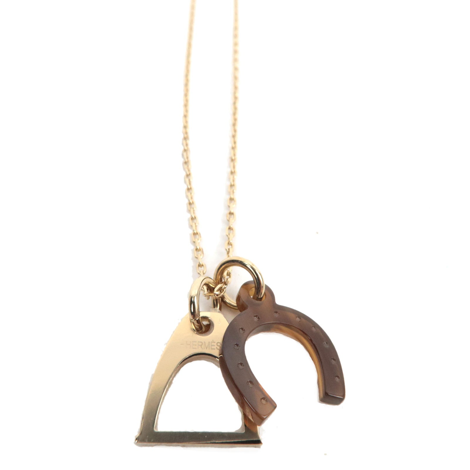 HERMES Amulette Equestre Necklace Metal Buffalo Horn Brown Gold *Box77362