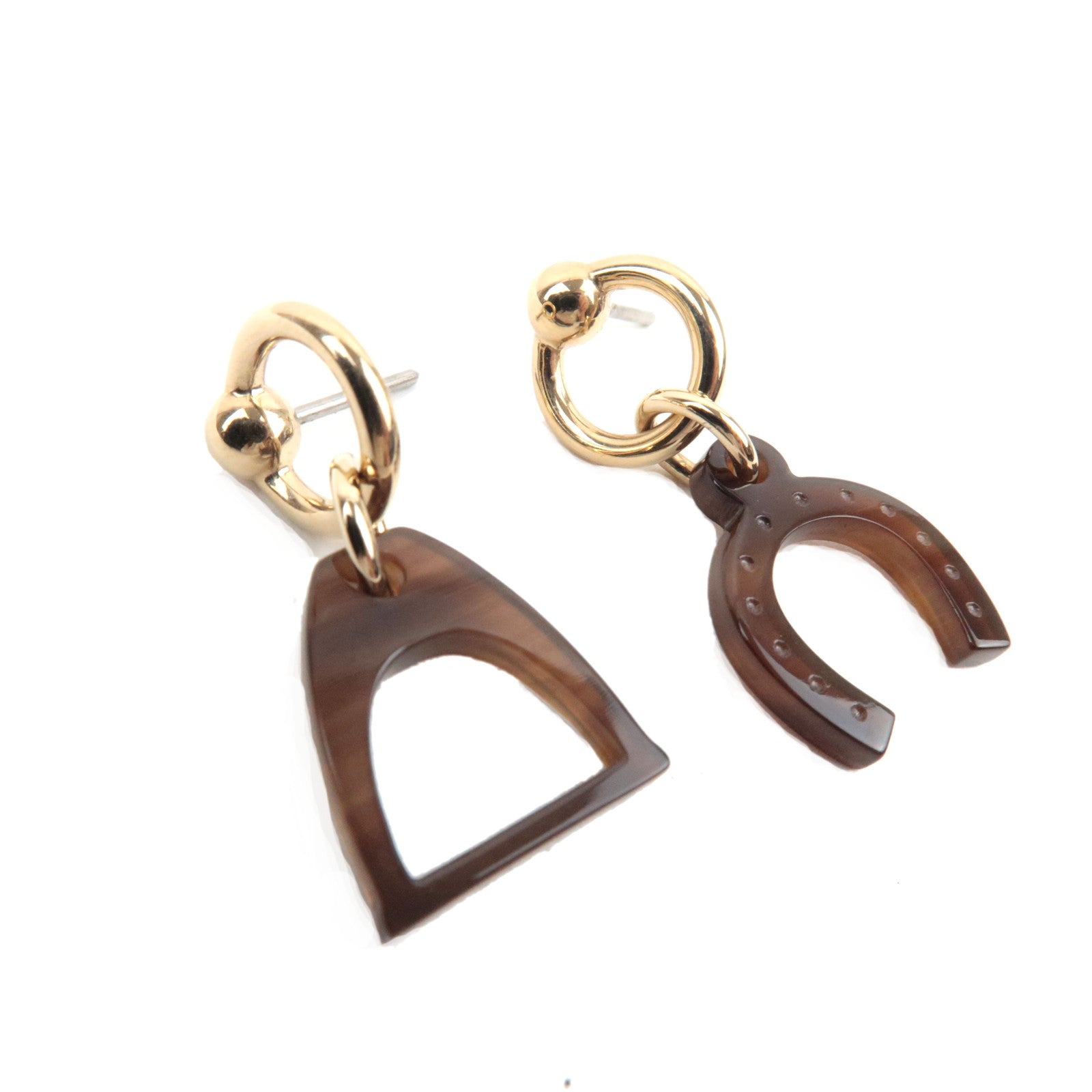 HERMES Amulette Equestre Earrings Metal Buffalo Horn Brown Gold *Box77363