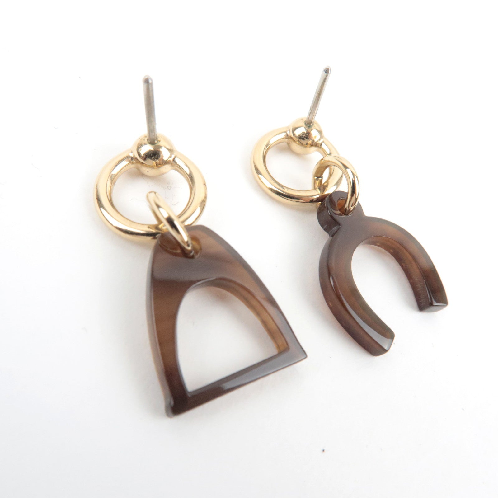 HERMES Amulette Equestre Earrings Metal Buffalo Horn Brown Gold *Box