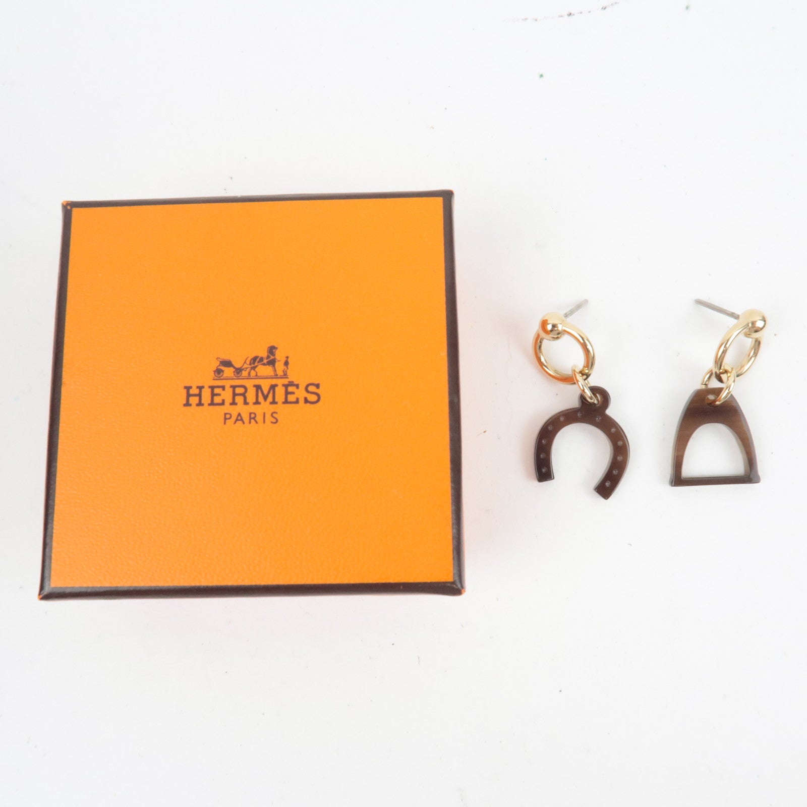 HERMES Amulette Equestre Earrings Metal Buffalo Horn Brown Gold *Box