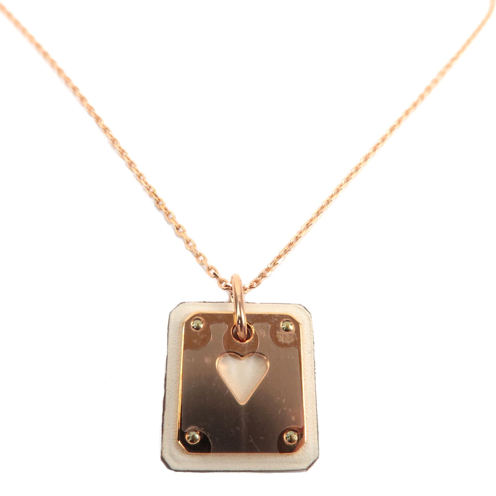 HERMES As De Coeur Necklace Metal Leather White Pink Gold *Box, Dust bag77374