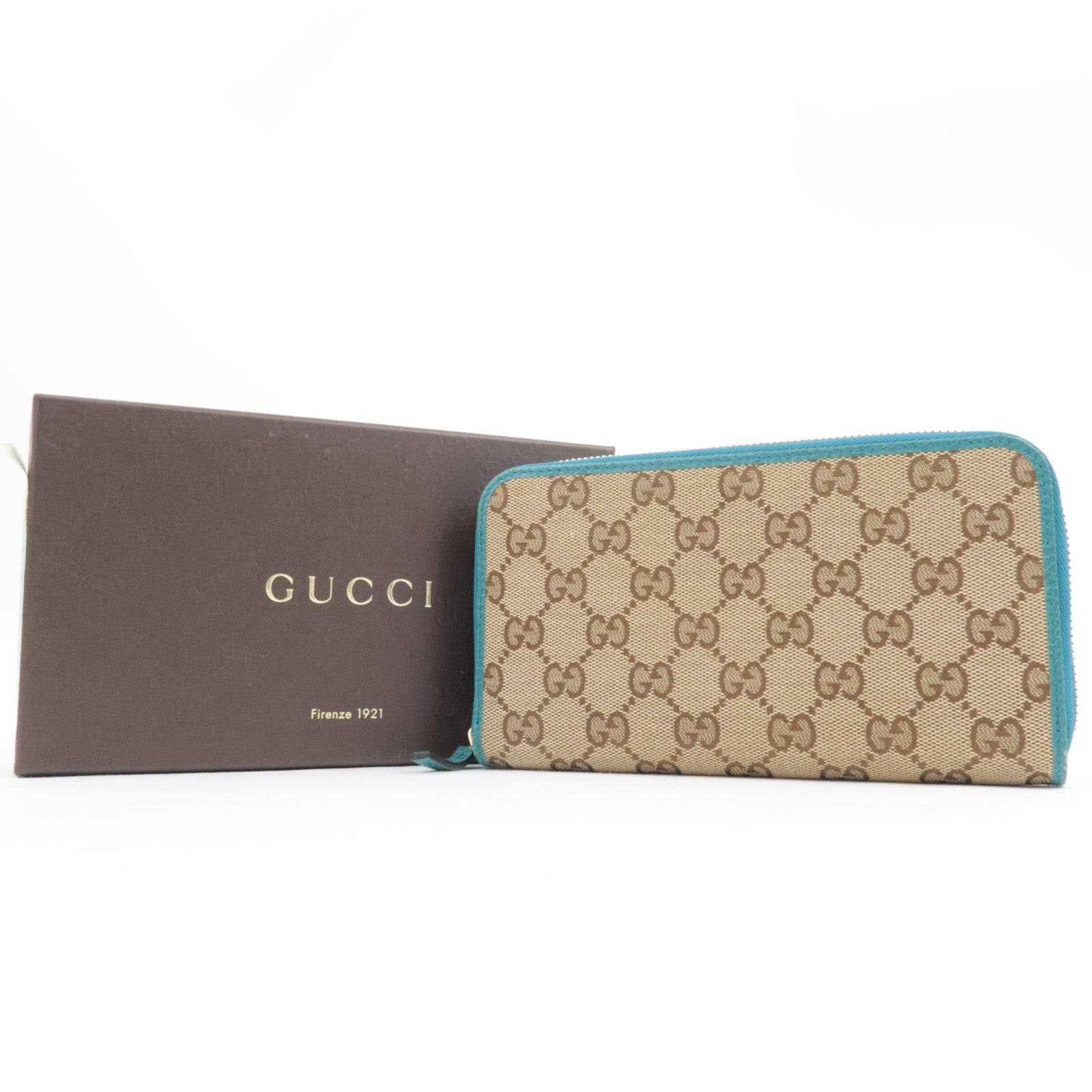 GUCCI Round Zipper Long Wallet GG Canvas Leather Beige Blue 363423 *Box
