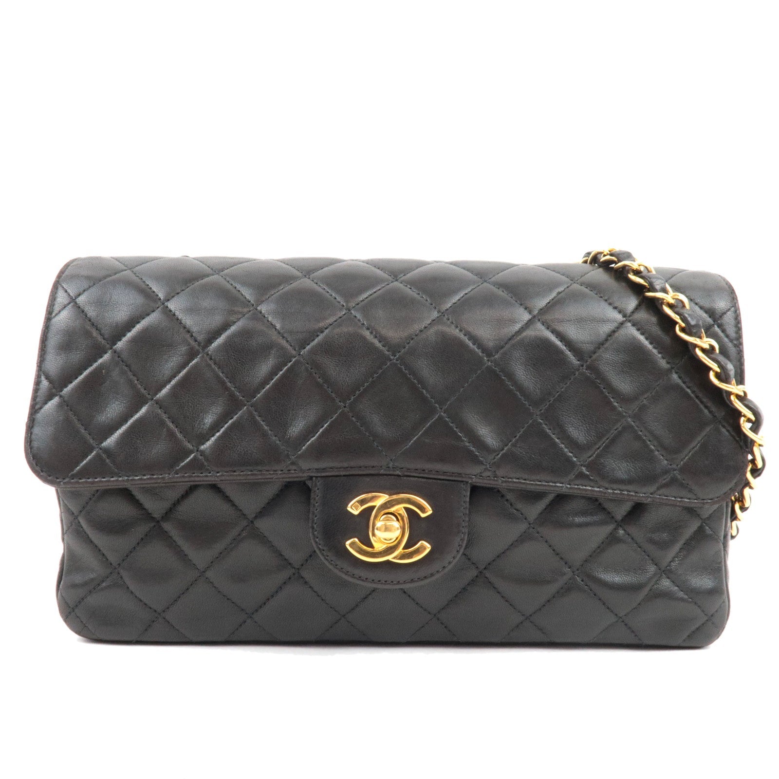CHANEL Matelasse 25 Single Flap Chain Shoulder Bag Lambskin Black Gold HDW 4336072 *Box77447
