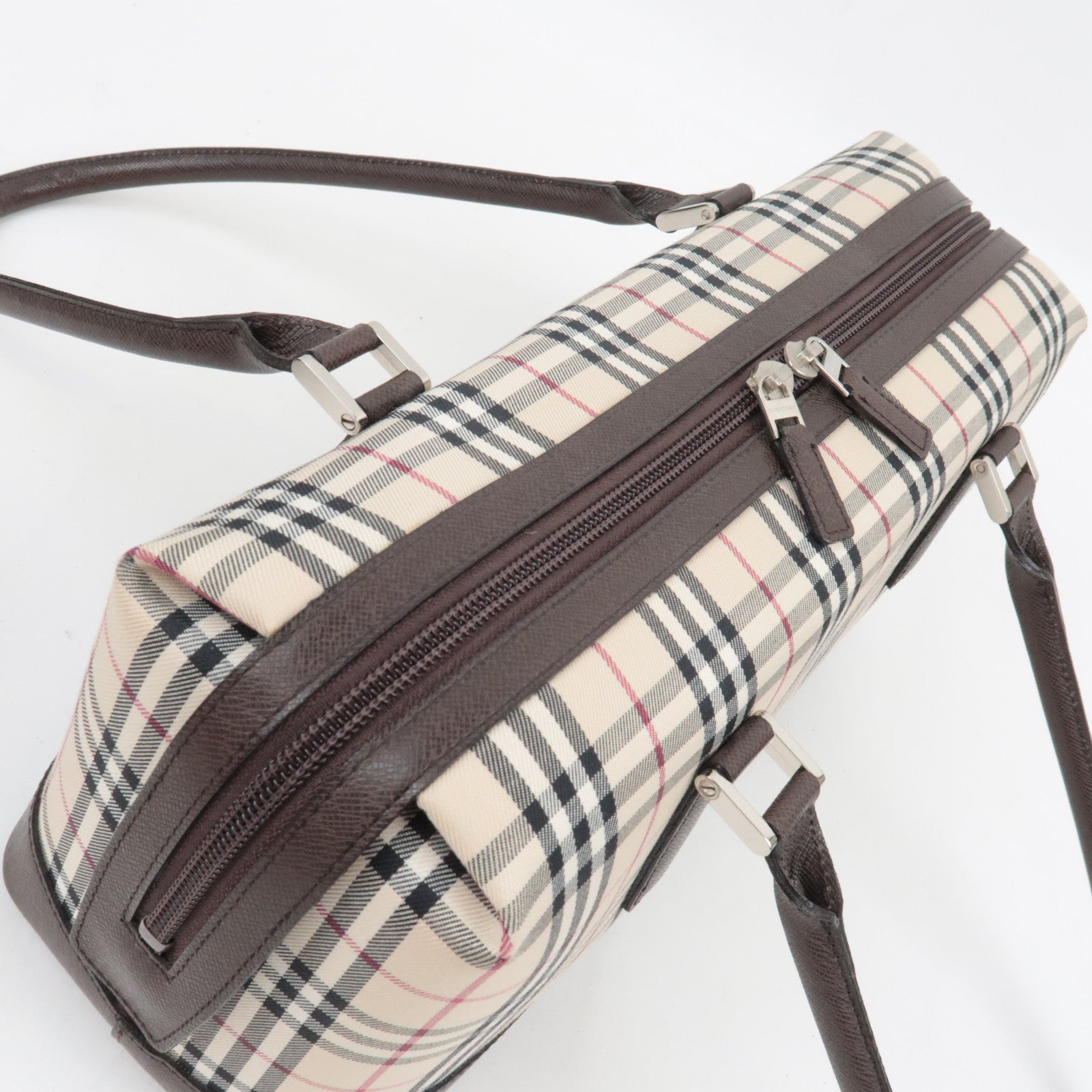 BURBERRY Nova Plaid Handbag Canvas Leather Beige Brown