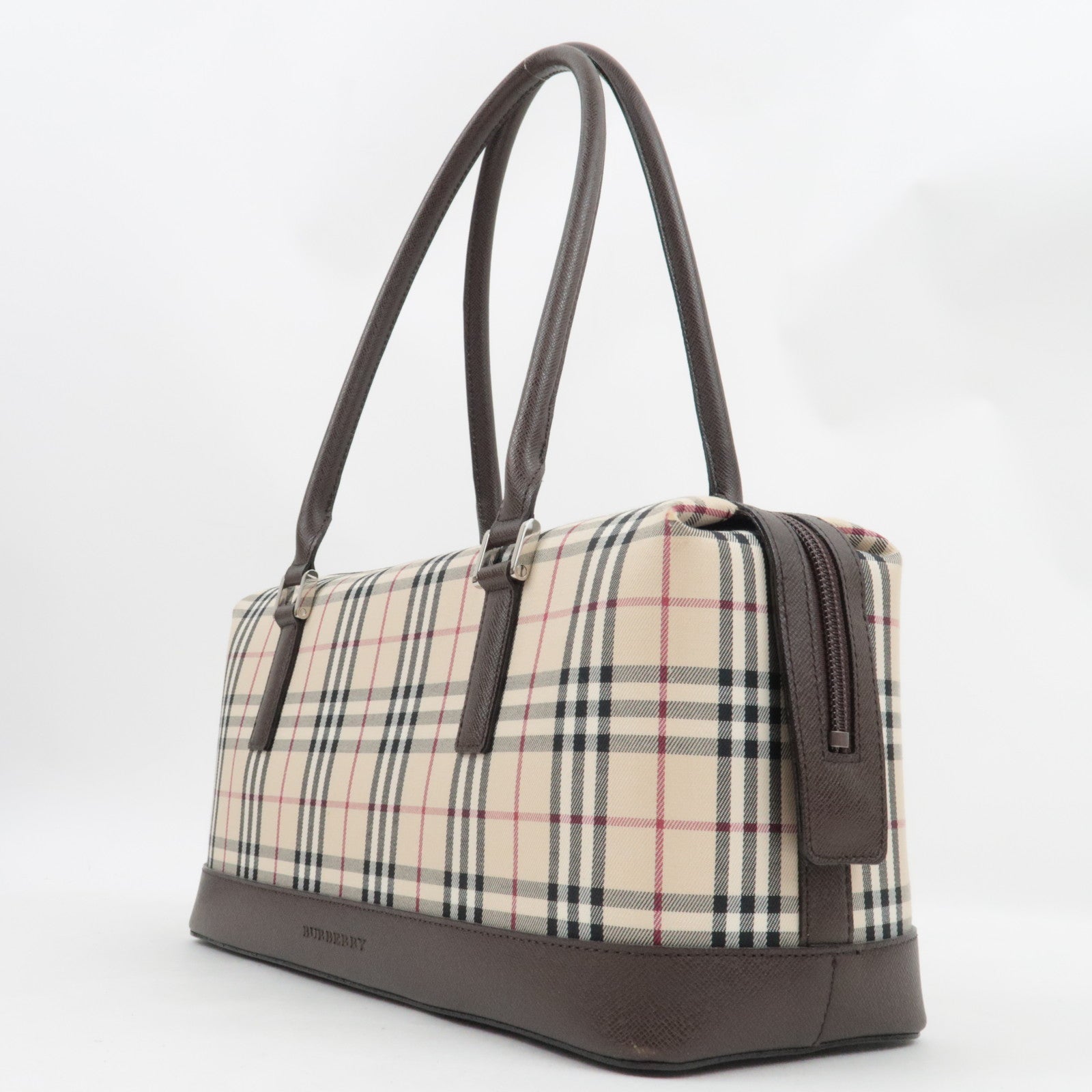 BURBERRY Nova Plaid Handbag Canvas Leather Beige Brown