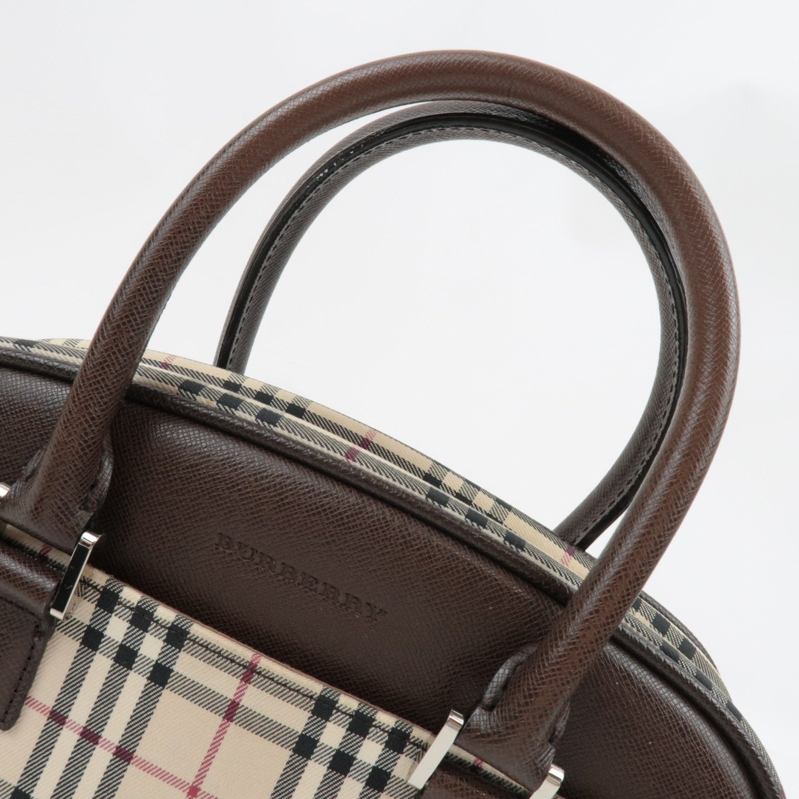 BURBERRY Nova Plaid Handbag Canvas Leather Beige Brown