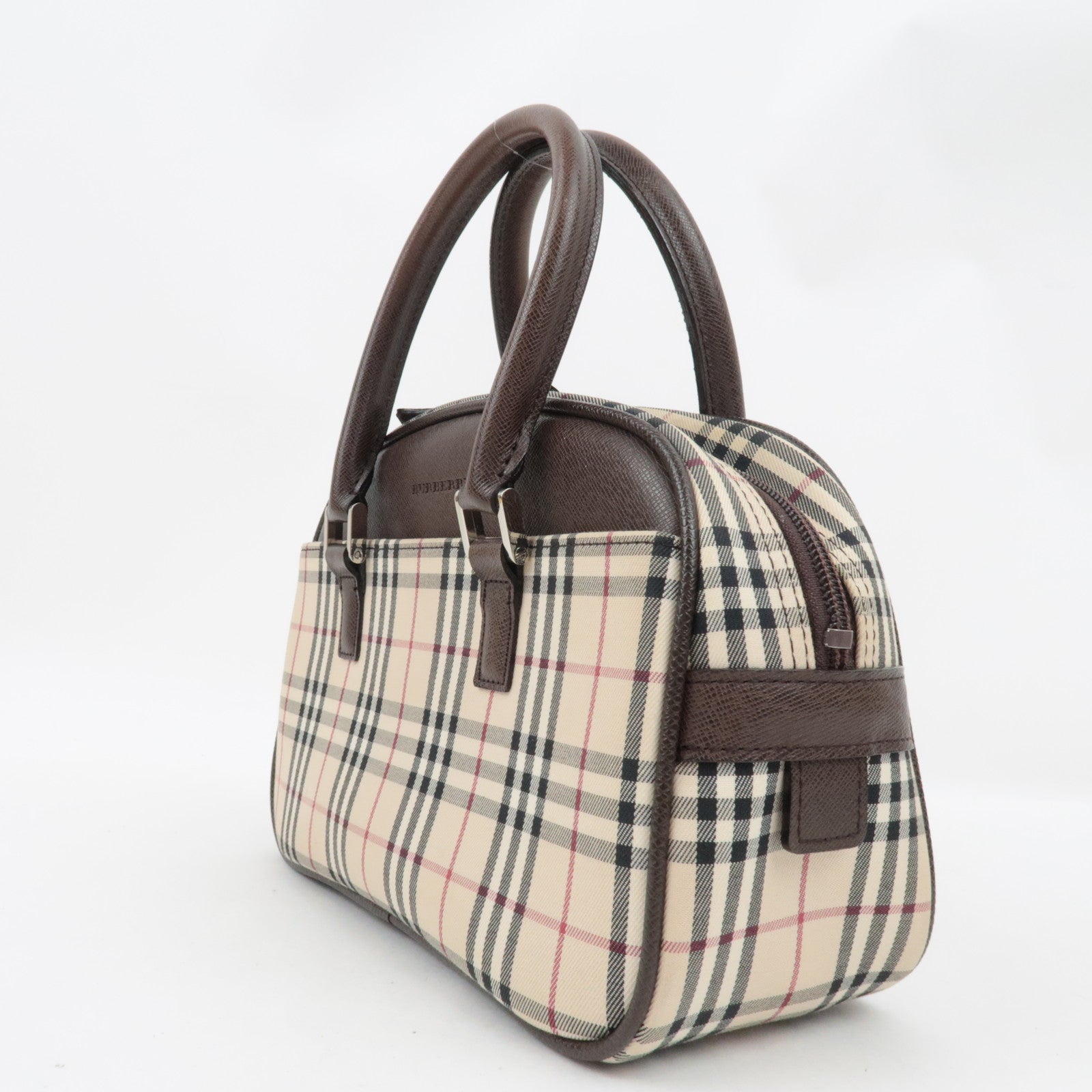 BURBERRY Nova Plaid Handbag Canvas Leather Beige Brown