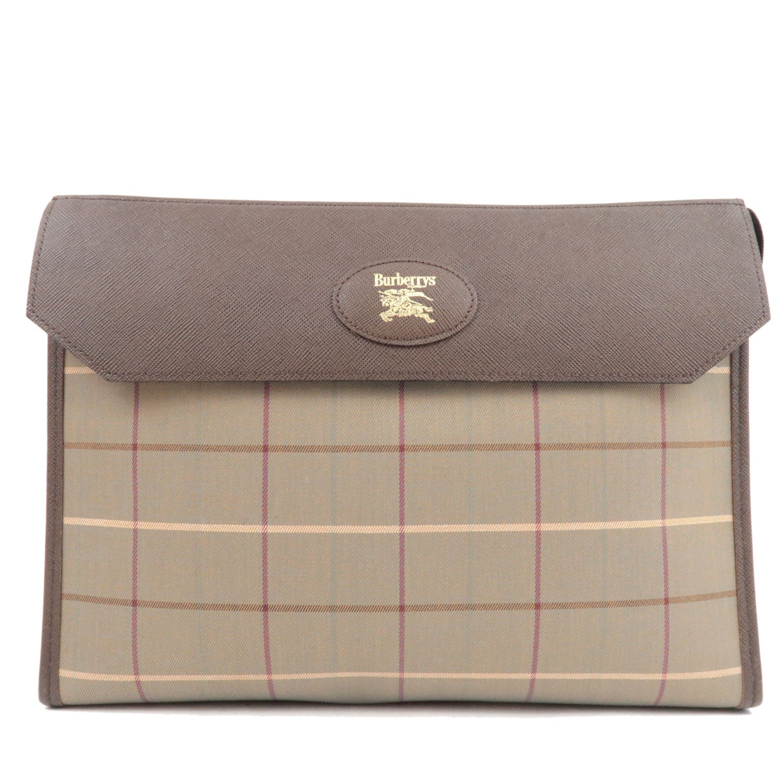 BURBERRY Burberry's Plaid Clutch Bag Canvas Leather Khaki Brown77500