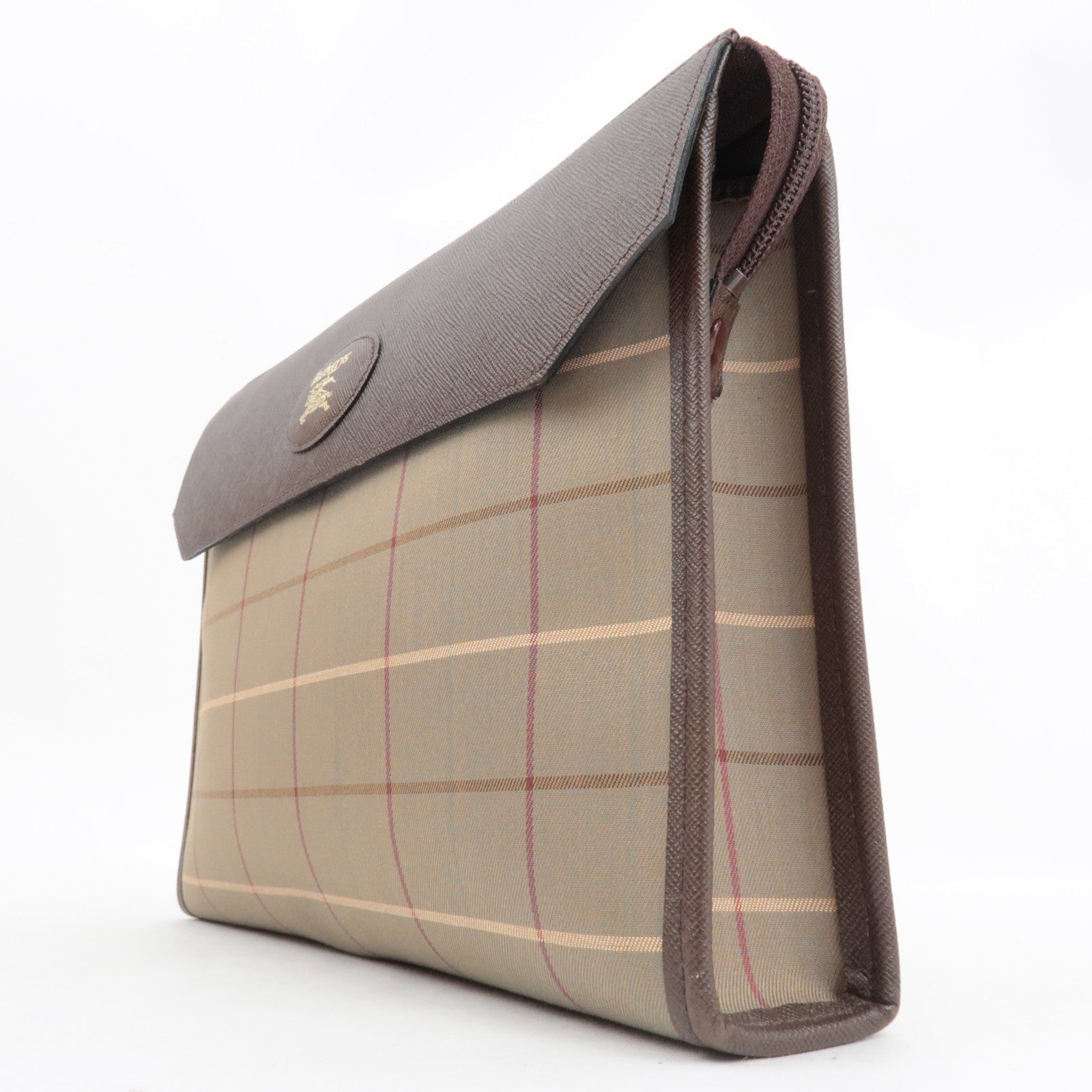 BURBERRY Burberry's Plaid Clutch Bag Canvas Leather Khaki Brown
