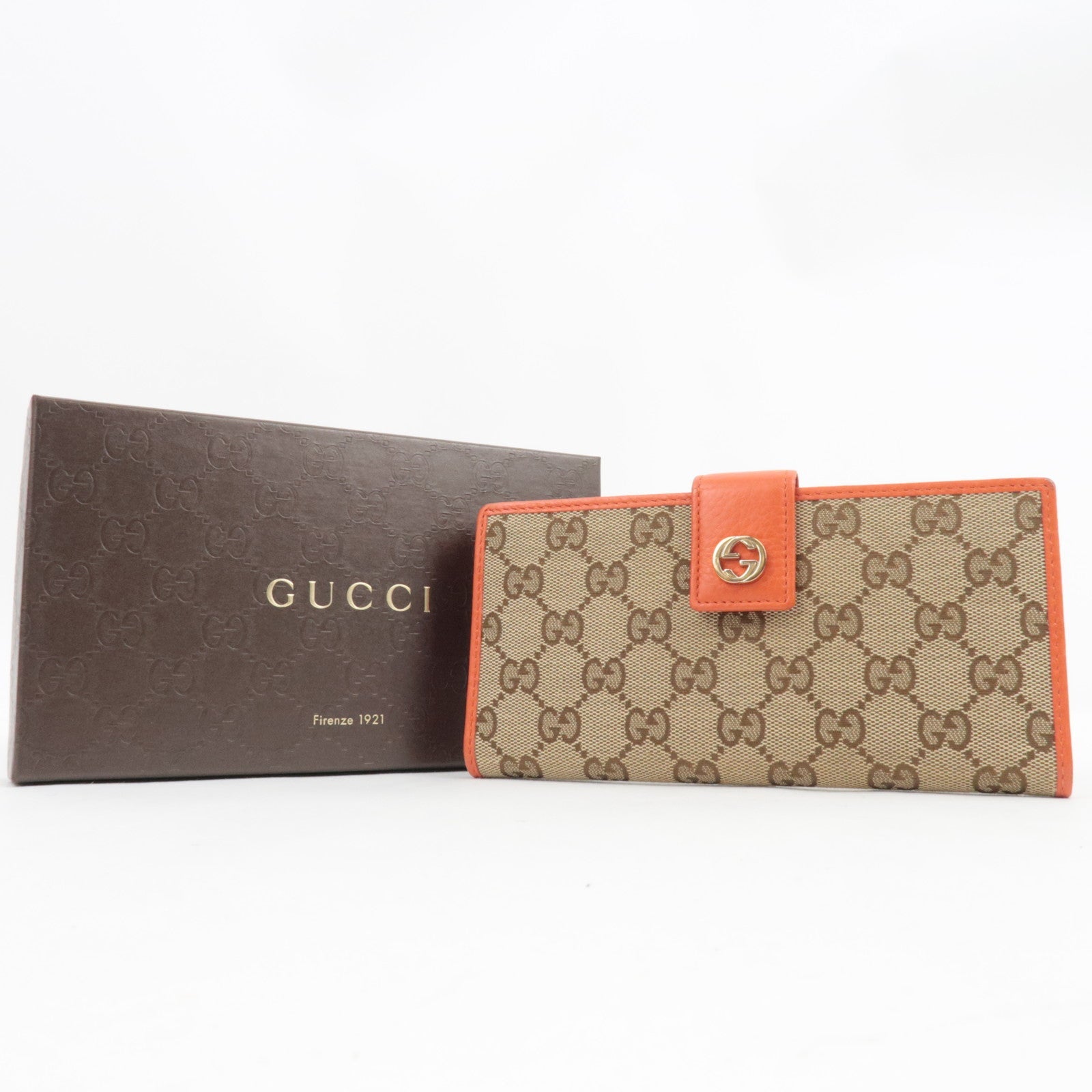 GUCCI Double-Hook Bi-Fold Long Wallet Leather Beige Orange 337335 *Box