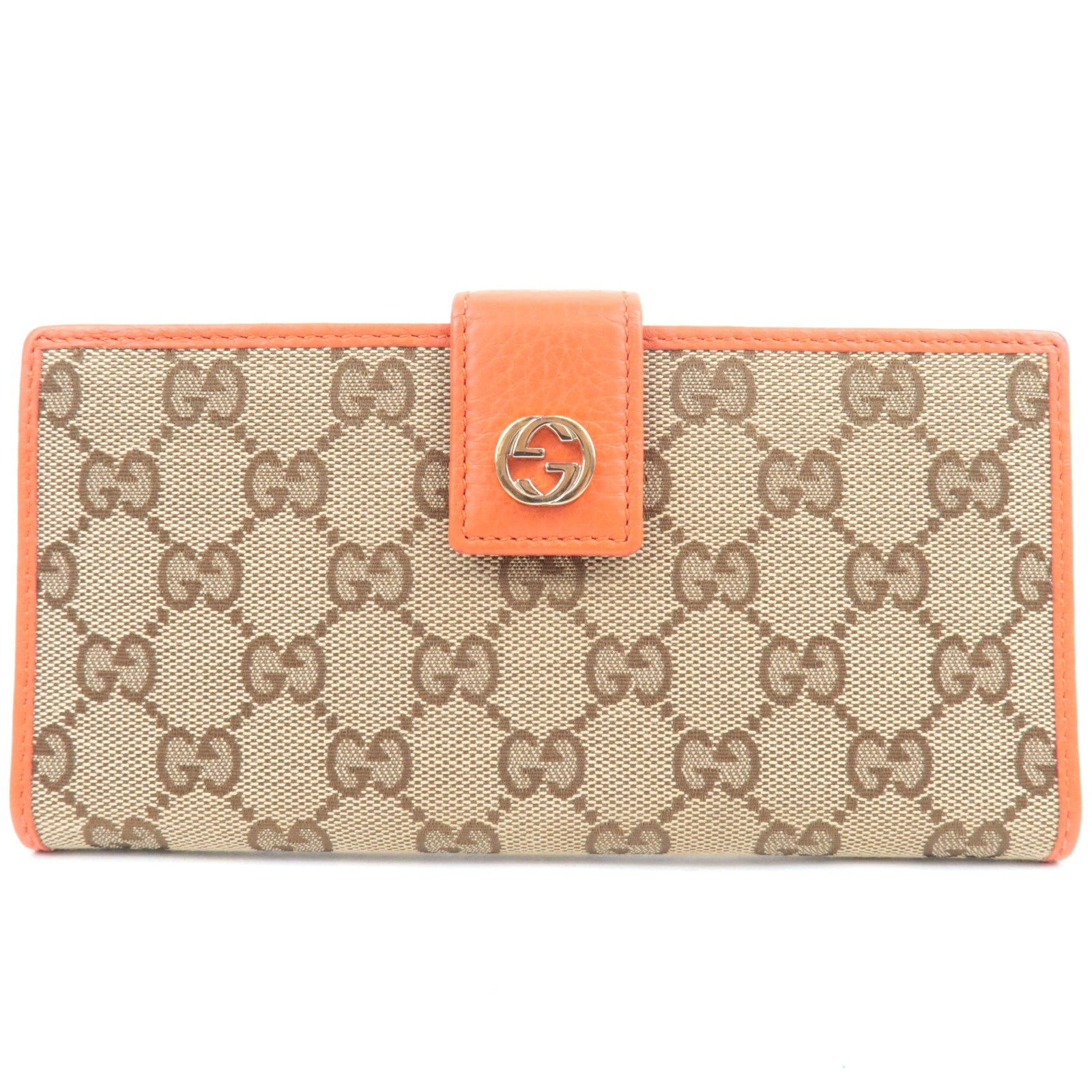 GUCCI Double-Hook Bi-Fold Long Wallet Leather Beige Orange 337335 *Box77552