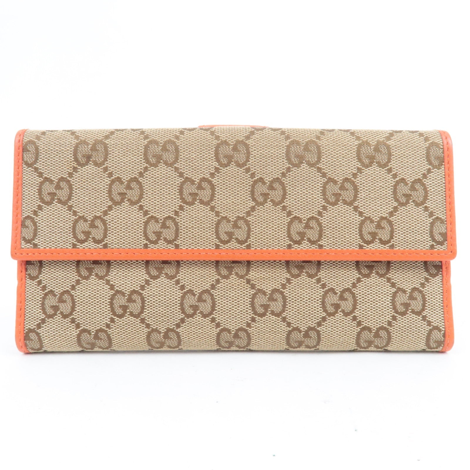 GUCCI Double-Hook Bi-Fold Long Wallet Leather Beige Orange 337335 *Box
