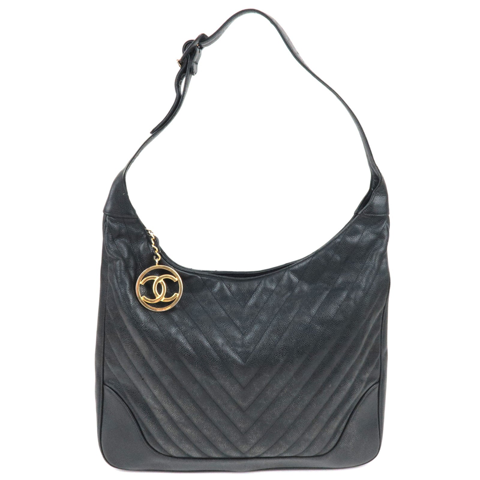CHANEL V-Stitch Shoulder Bag Caviar Skin Black Gold HDW 1842787 *Dust bag77594