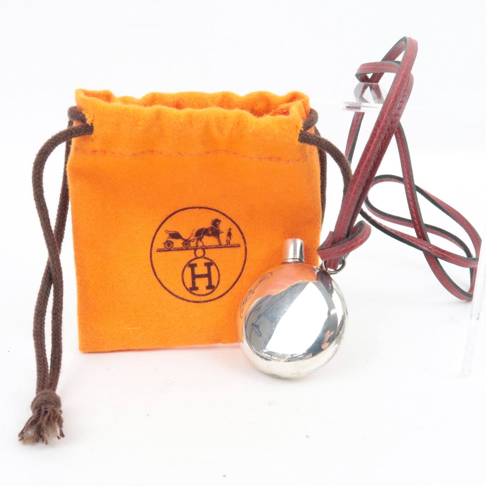 HERMES Perfume Bottle Necklace SV925 Leather Silver Bordeaux *Dust bag