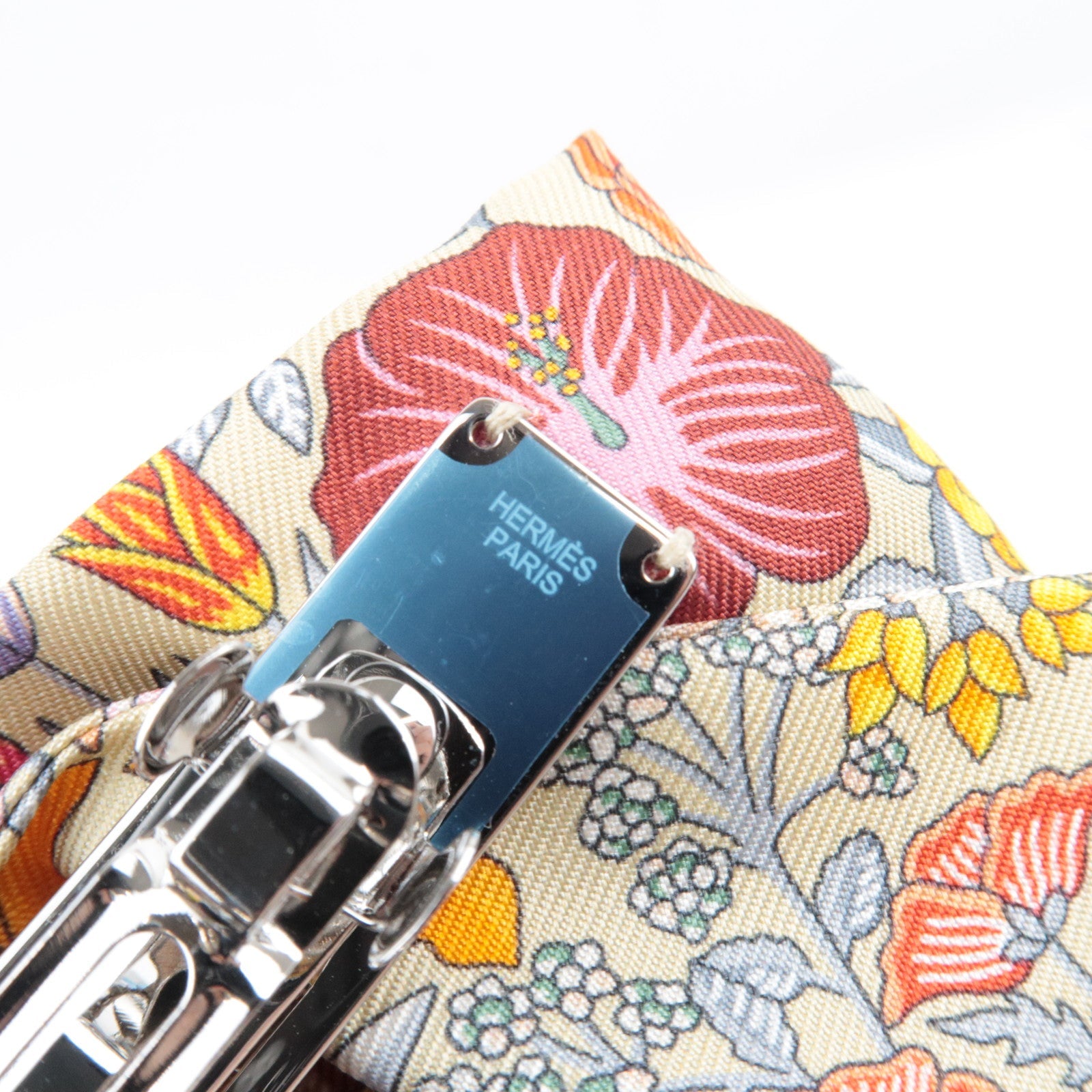 HERMES "Ex-Libris" Grenelle hair clip Barrette Flower Print Silk Multicolor *Box