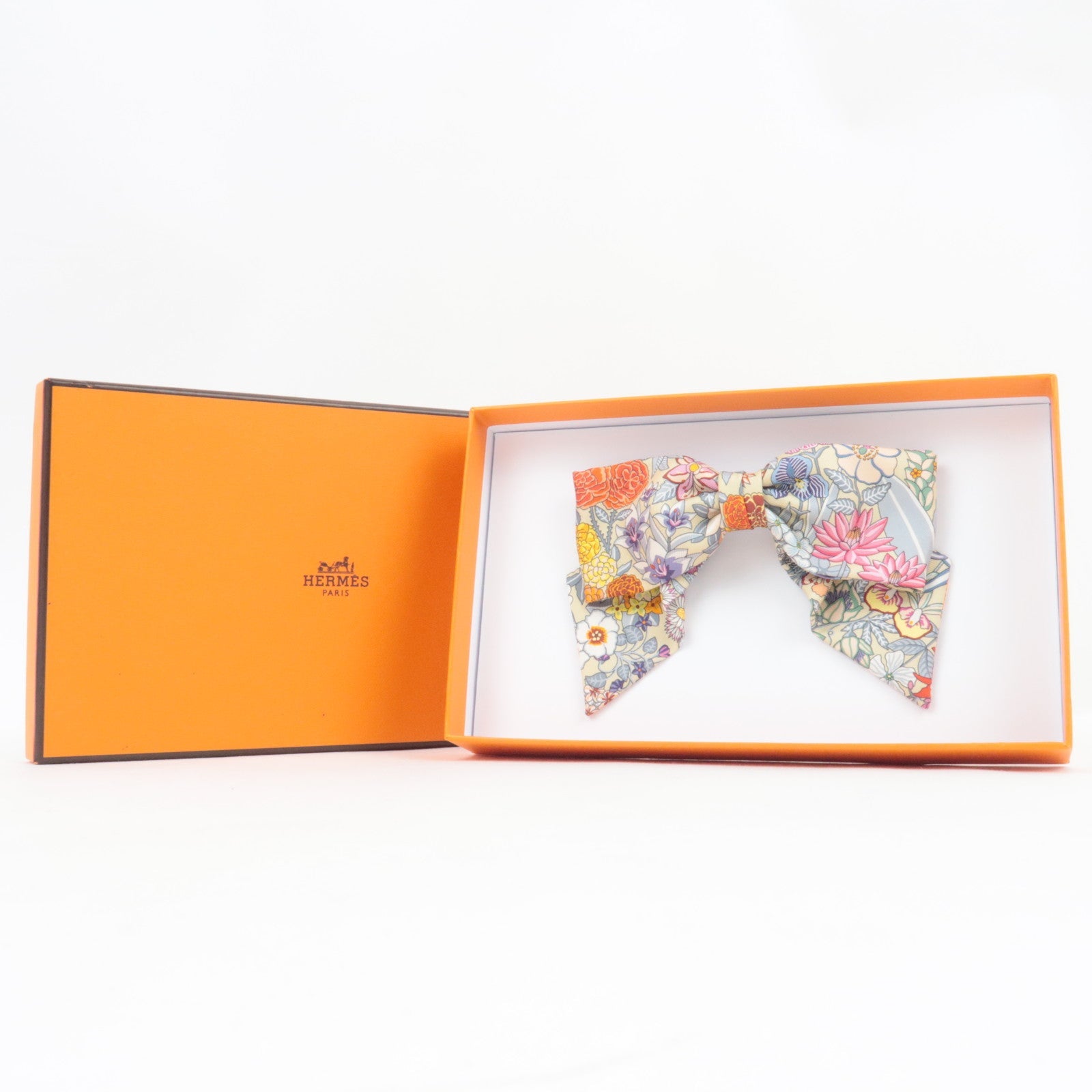 HERMES "Ex-Libris" Grenelle hair clip Barrette Flower Print Silk Multicolor *Box