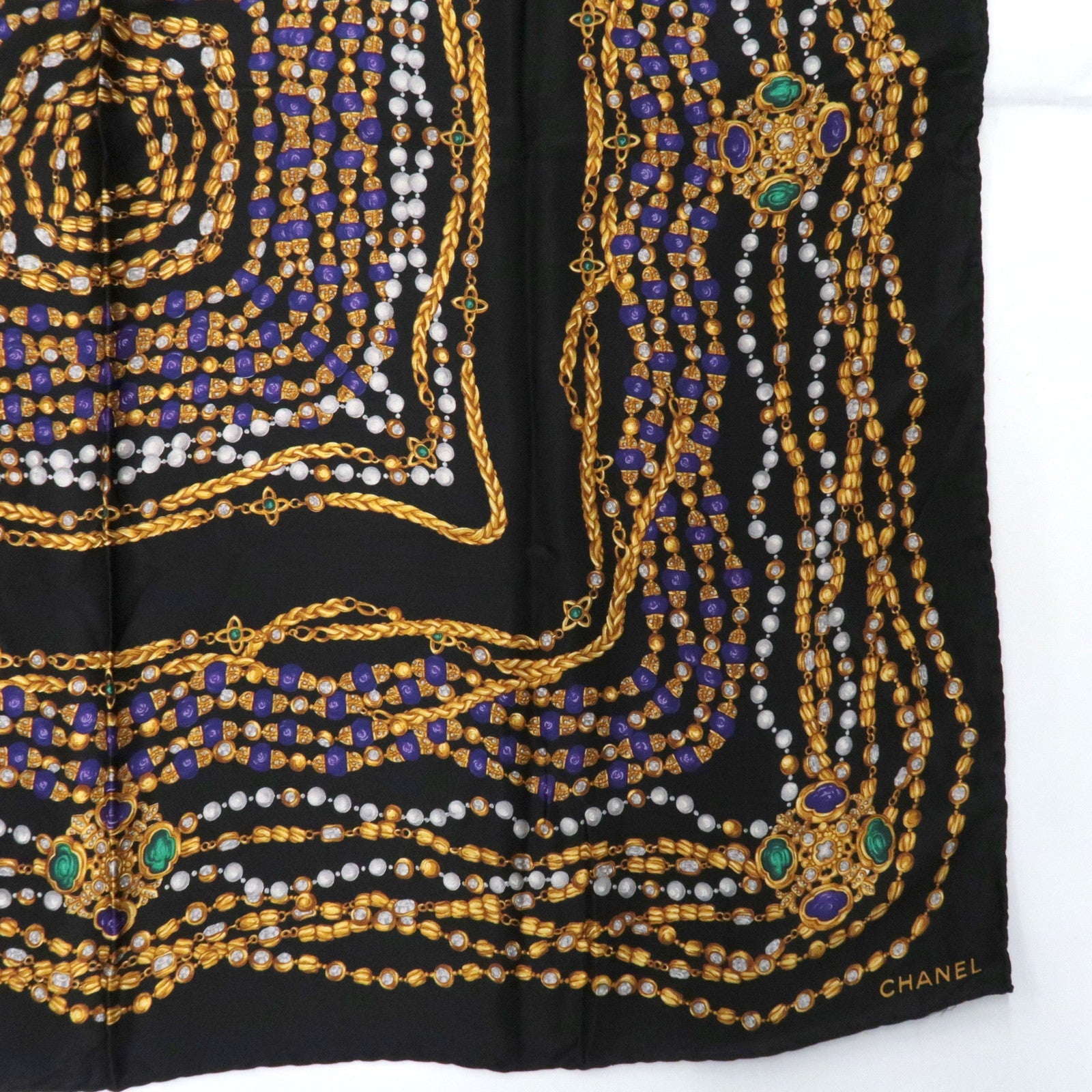 CHANEL Scarf Jewelry Print 100% Silk Black