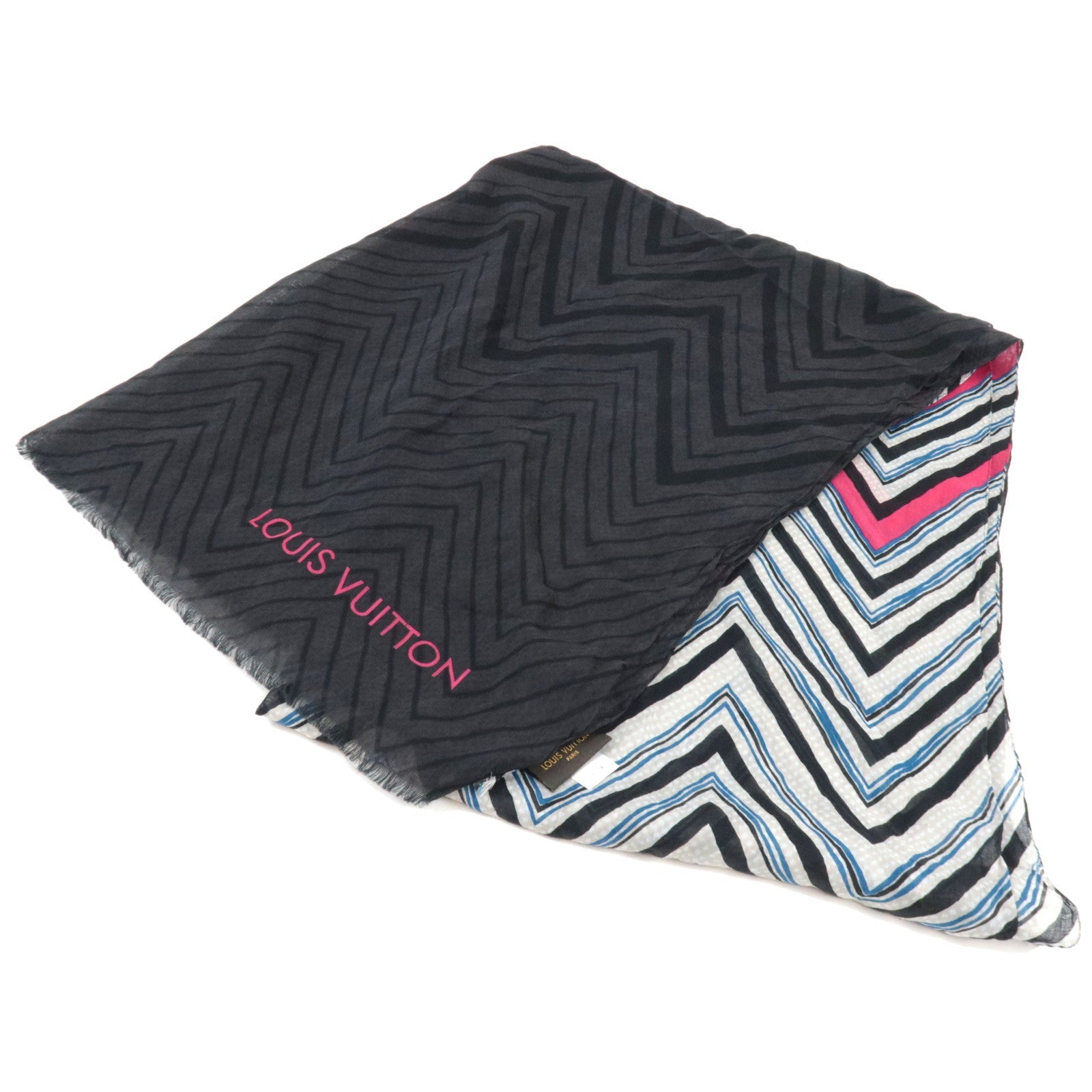 Louis Vuitton Scarf Geometric Pattern 79% Cotton 21% Silk Black White Red Blue IS0194 MP1531 *Box77657