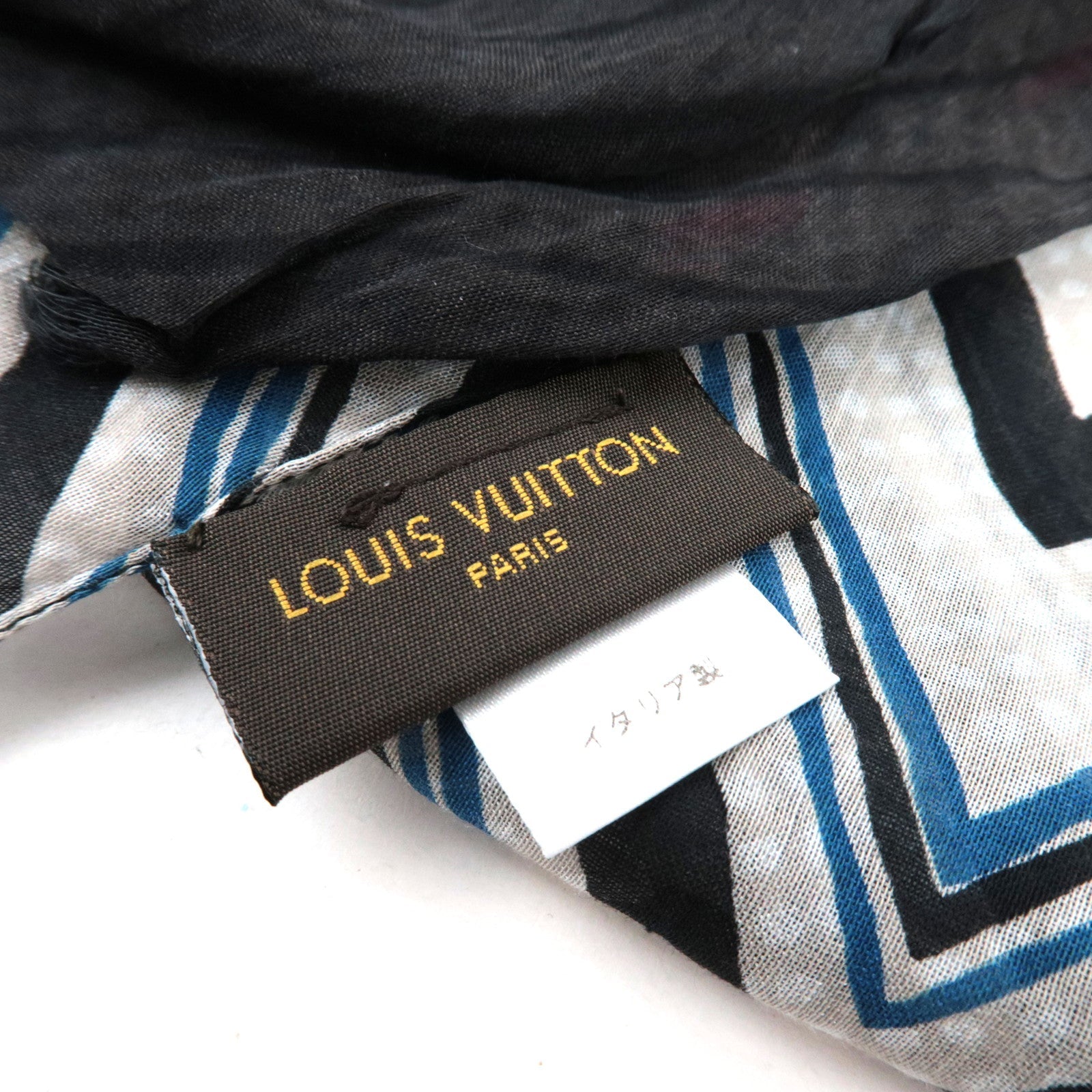Louis Vuitton Scarf Geometric Pattern 79% Cotton 21% Silk Black White Red Blue IS0194 MP1531 *Box