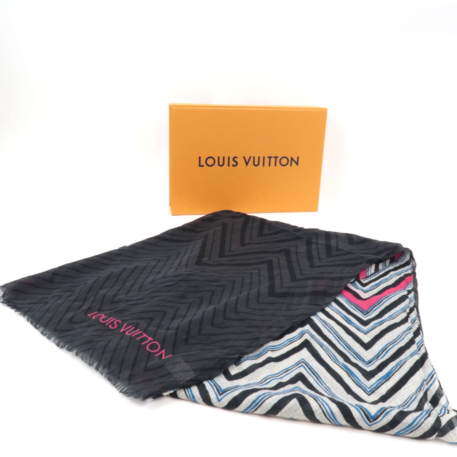 Louis Vuitton Scarf Geometric Pattern 79% Cotton 21% Silk Black White Red Blue IS0194 MP1531 *Box