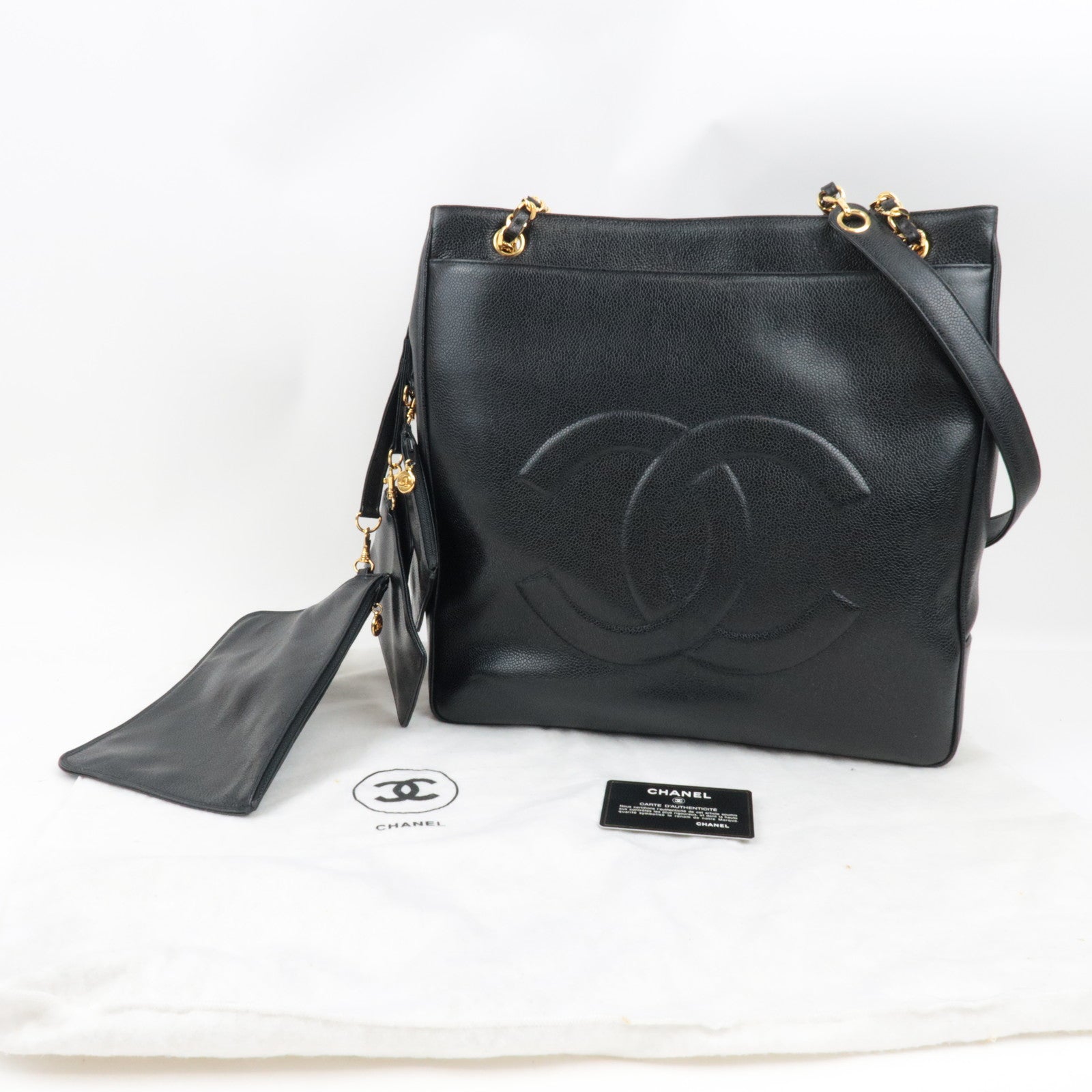 CHANEL Coco Mark Chain Tote Bag Caviar Skin Black Gold HDW 2307621 *Dust bag, G card, 3 Pouches