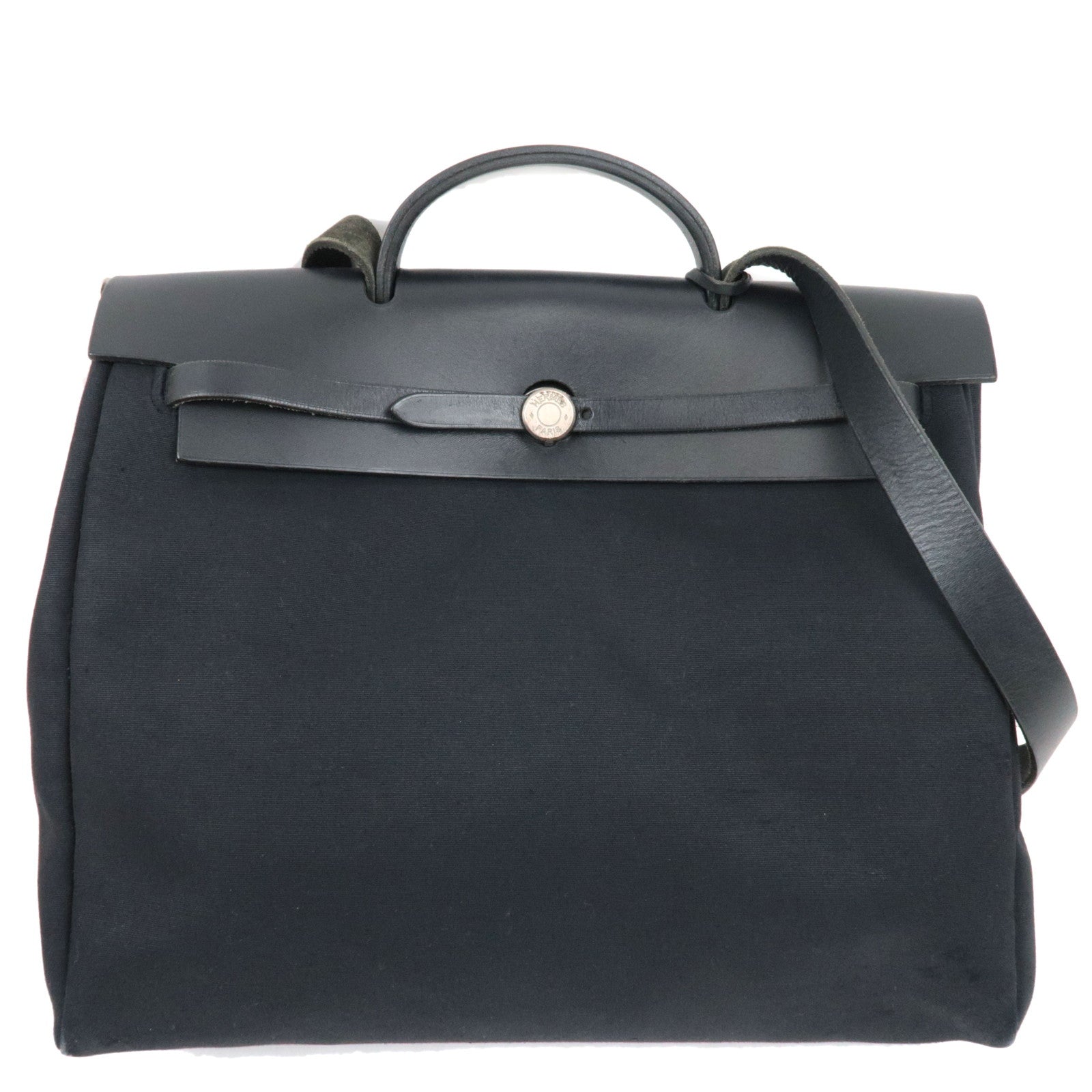 HERMES Her Bag 2Way Hand Bag □E Stamp (2001) Toile H Leather Black Silver HDW *Dust bag, Spare bag, Key Lock, Clochette77769