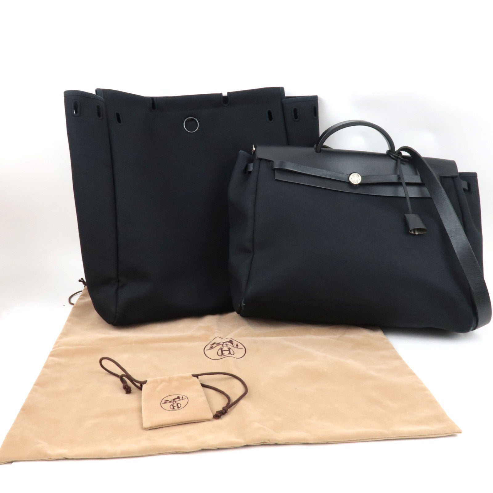 HERMES Her Bag 2Way Hand Bag □E Stamp (2001) Toile H Leather Black Silver HDW *Dust bag, Spare bag, Key Lock, Clochette