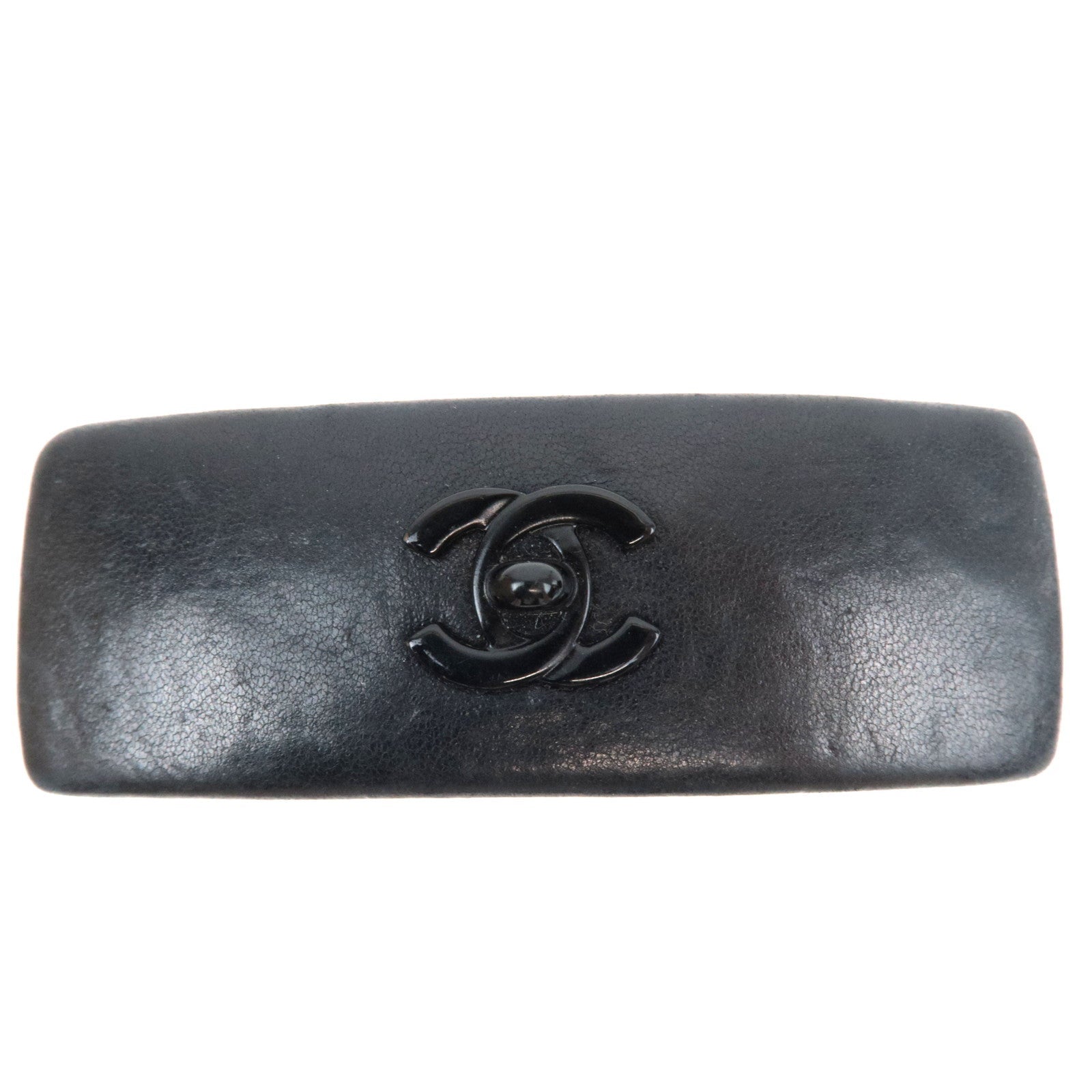 CHANEL Turnlock Barrette Hair Clip Leather Black77931
