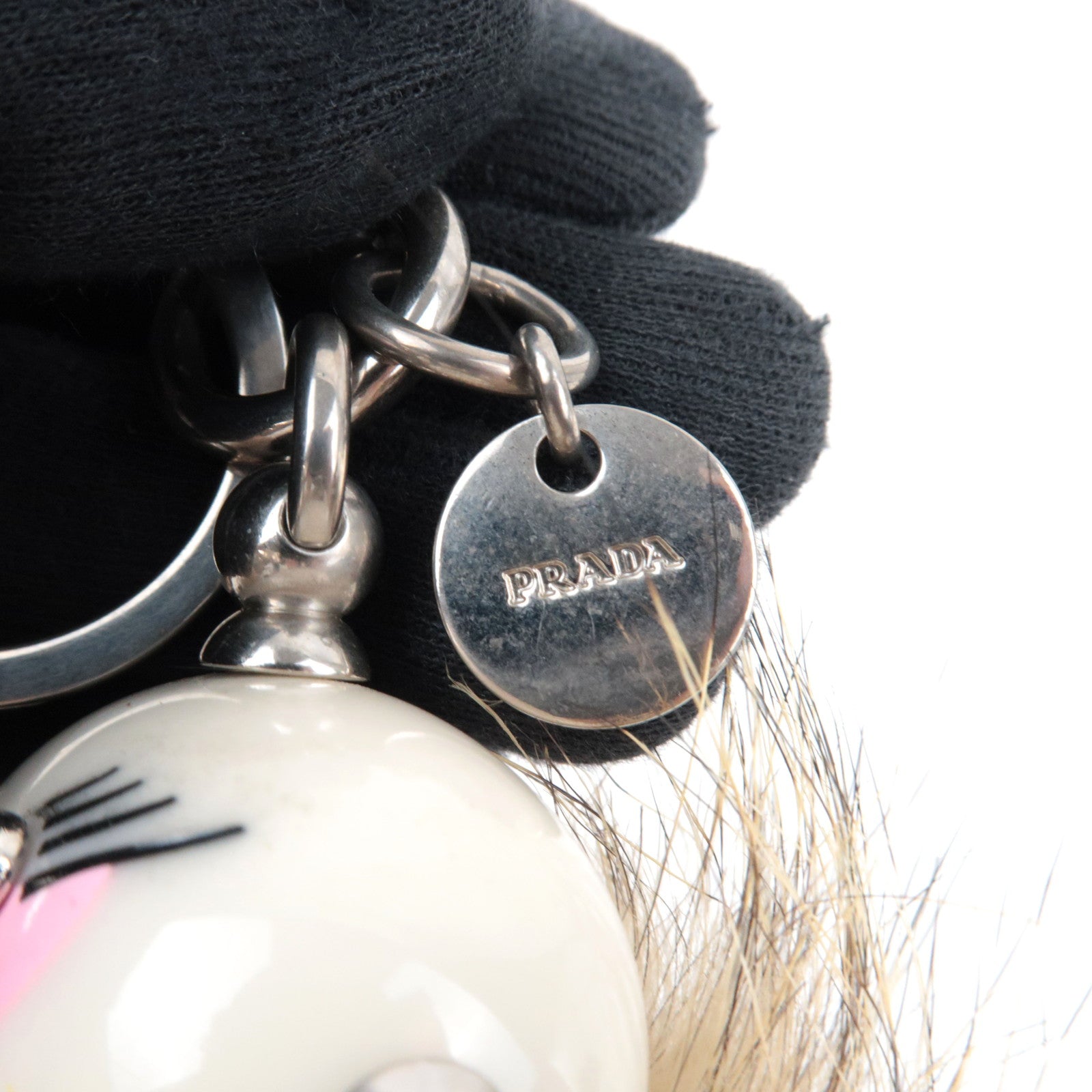 PRADA Robot Fur Bag Charm Fur Metal Beige Brown
