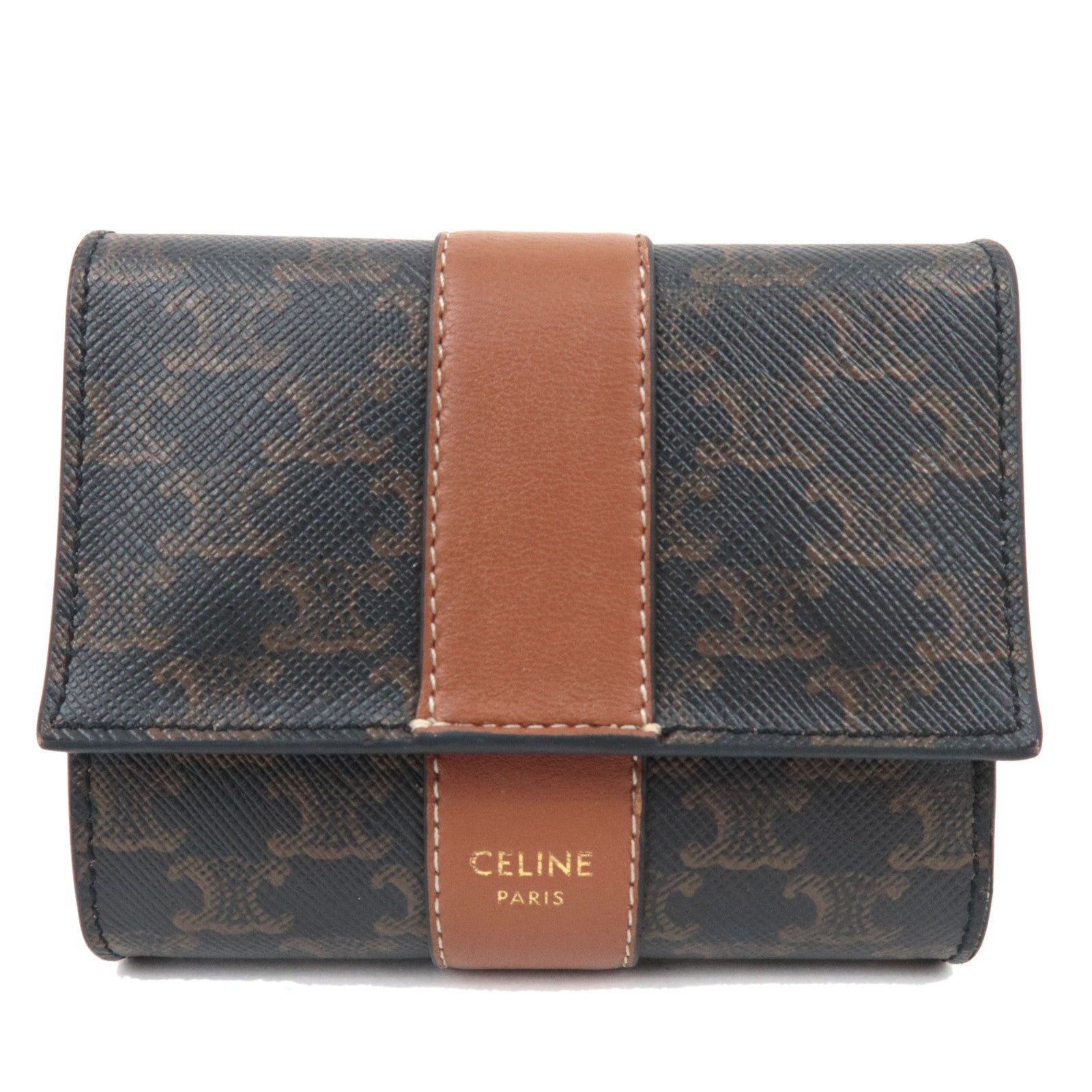 CELINE Triomphe Small Trifold Wallet PVC Leather Brown *Box, Dust bag77945