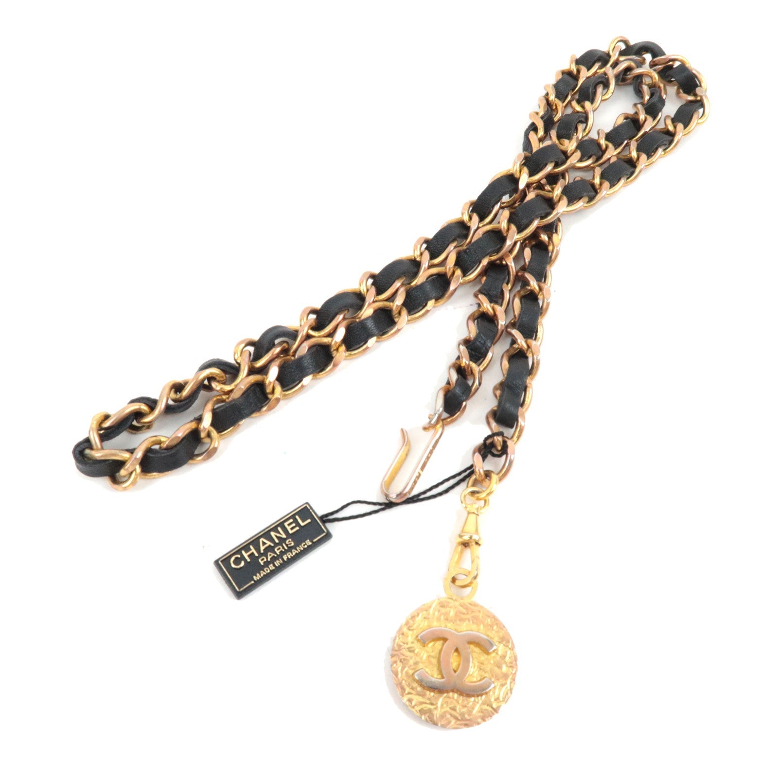 CHANEL Coco Mark Leather Chain Belt Leather Metal Black Gold HDW *Box78024