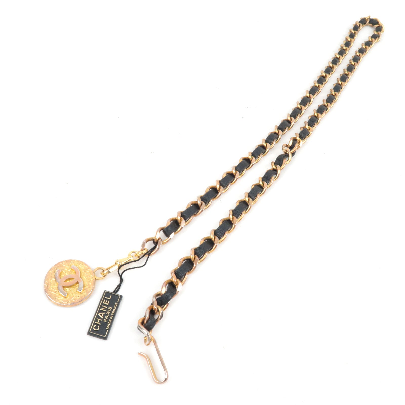 CHANEL Coco Mark Leather Chain Belt Leather Metal Black Gold HDW *Box