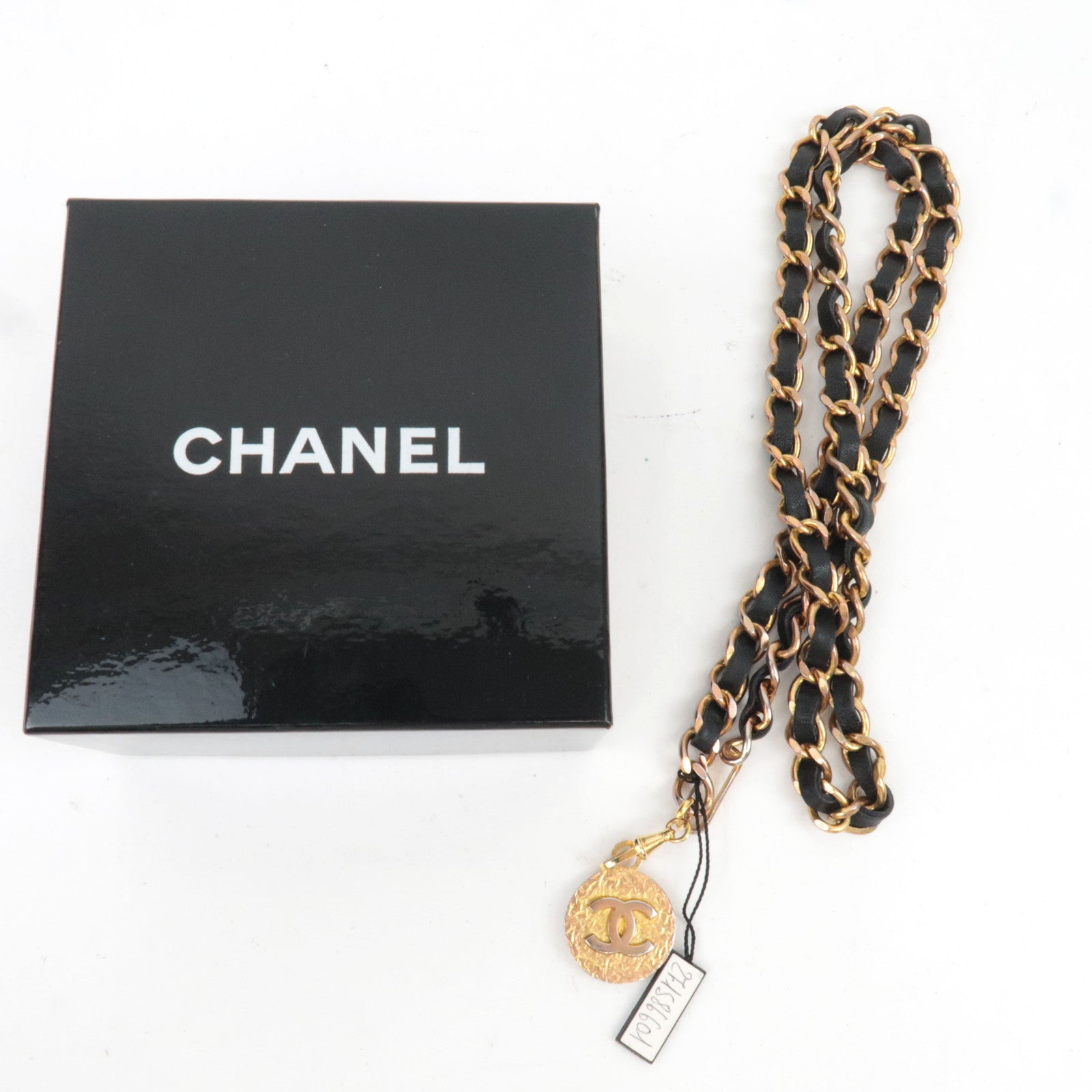 CHANEL Coco Mark Leather Chain Belt Leather Metal Black Gold HDW *Box