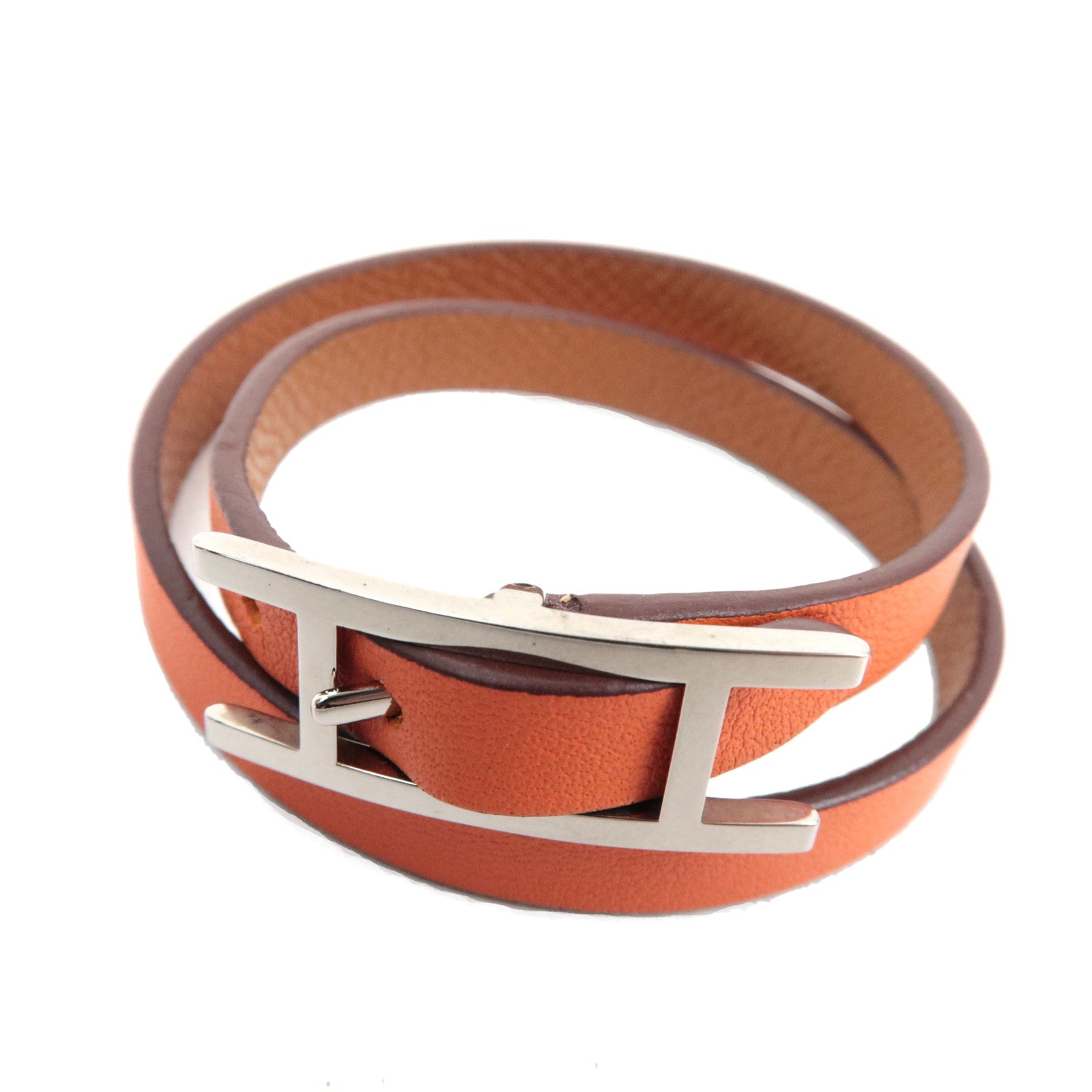 HERMES Behapi Double Tour Bracelet T3 Leather Orange Silver HDW *Box, Dust bag78108