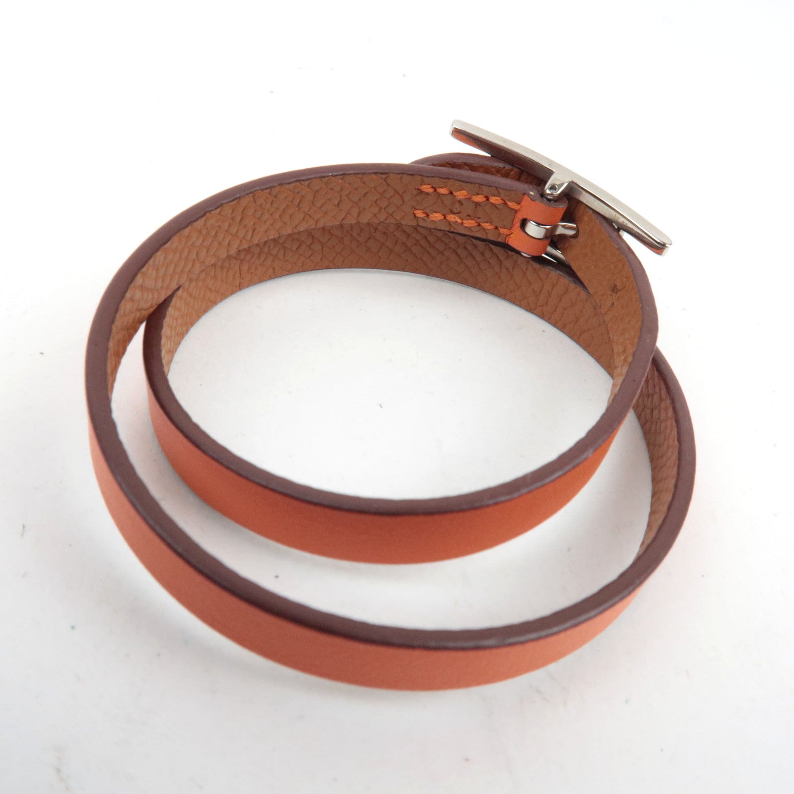 HERMES Behapi Double Tour Bracelet T3 Leather Orange Silver HDW *Box, Dust bag