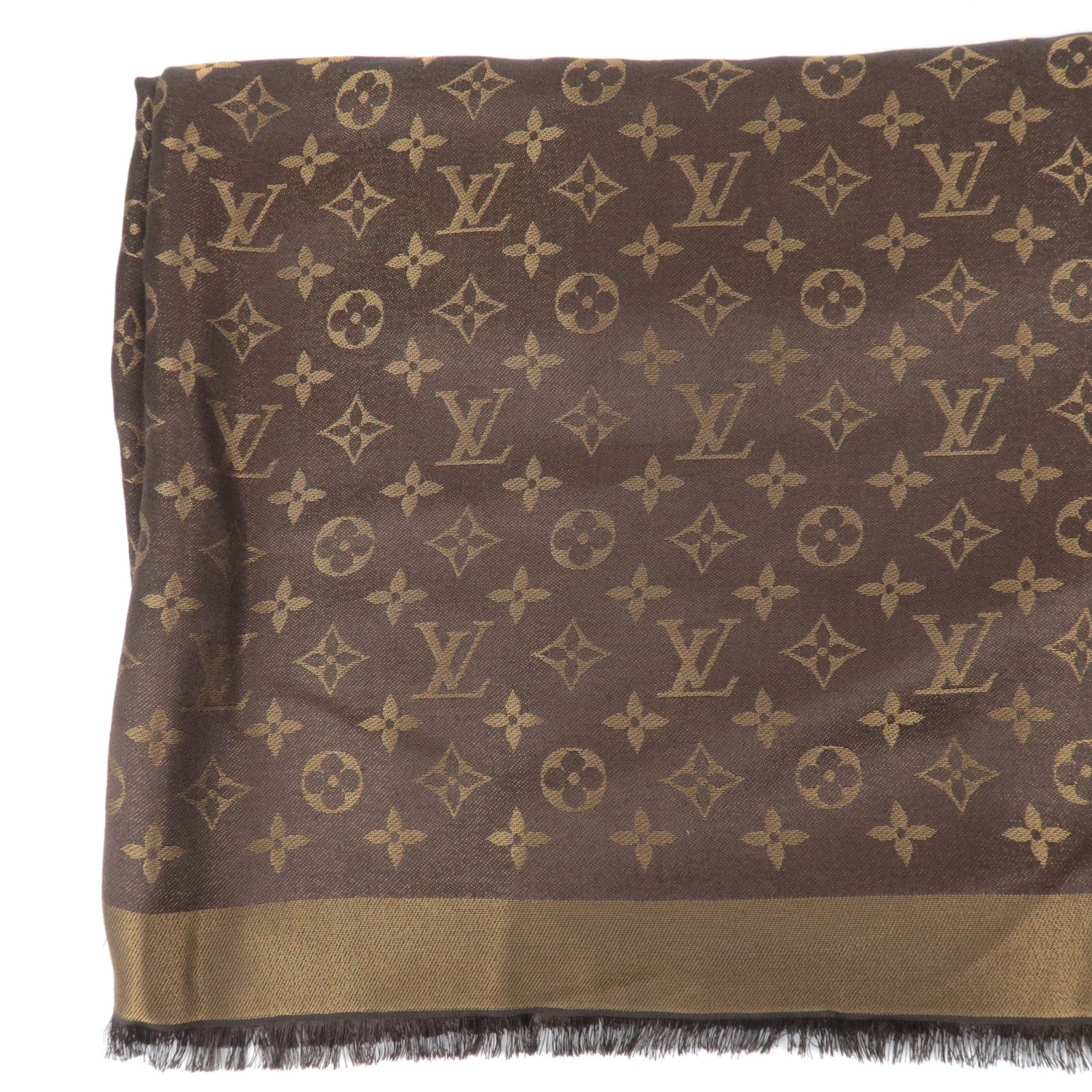 Louis Vuitton Shawl Monogram Shine Scarf Silk Rayon Wool Polyester Marron M75122 LP1221