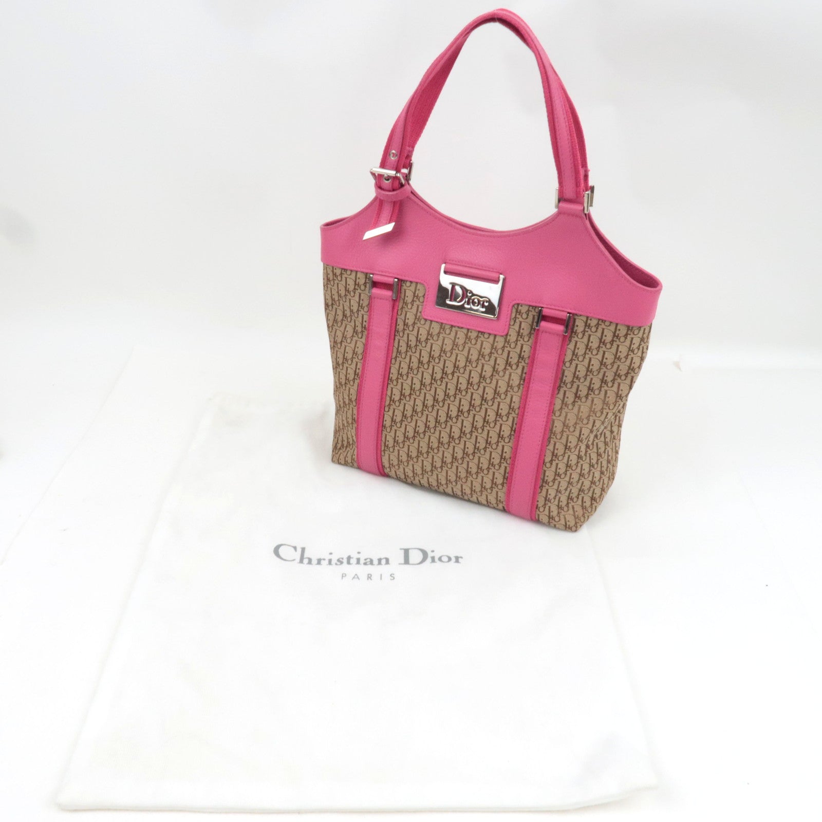 Christian Dior Street Chic Trotter Handbag Canvas Leather Beige Pink *Dust bag