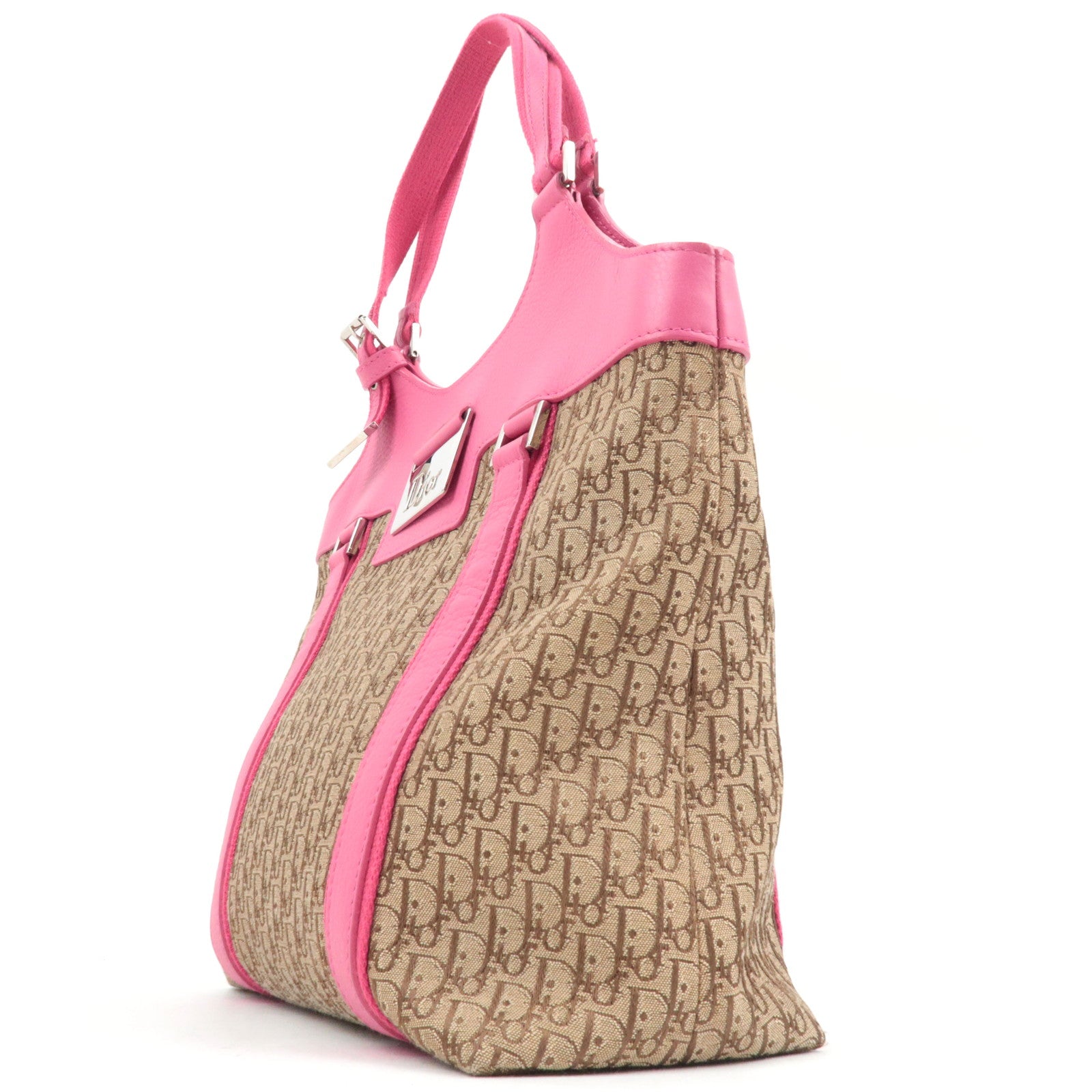 Christian Dior Street Chic Trotter Handbag Canvas Leather Beige Pink *Dust bag