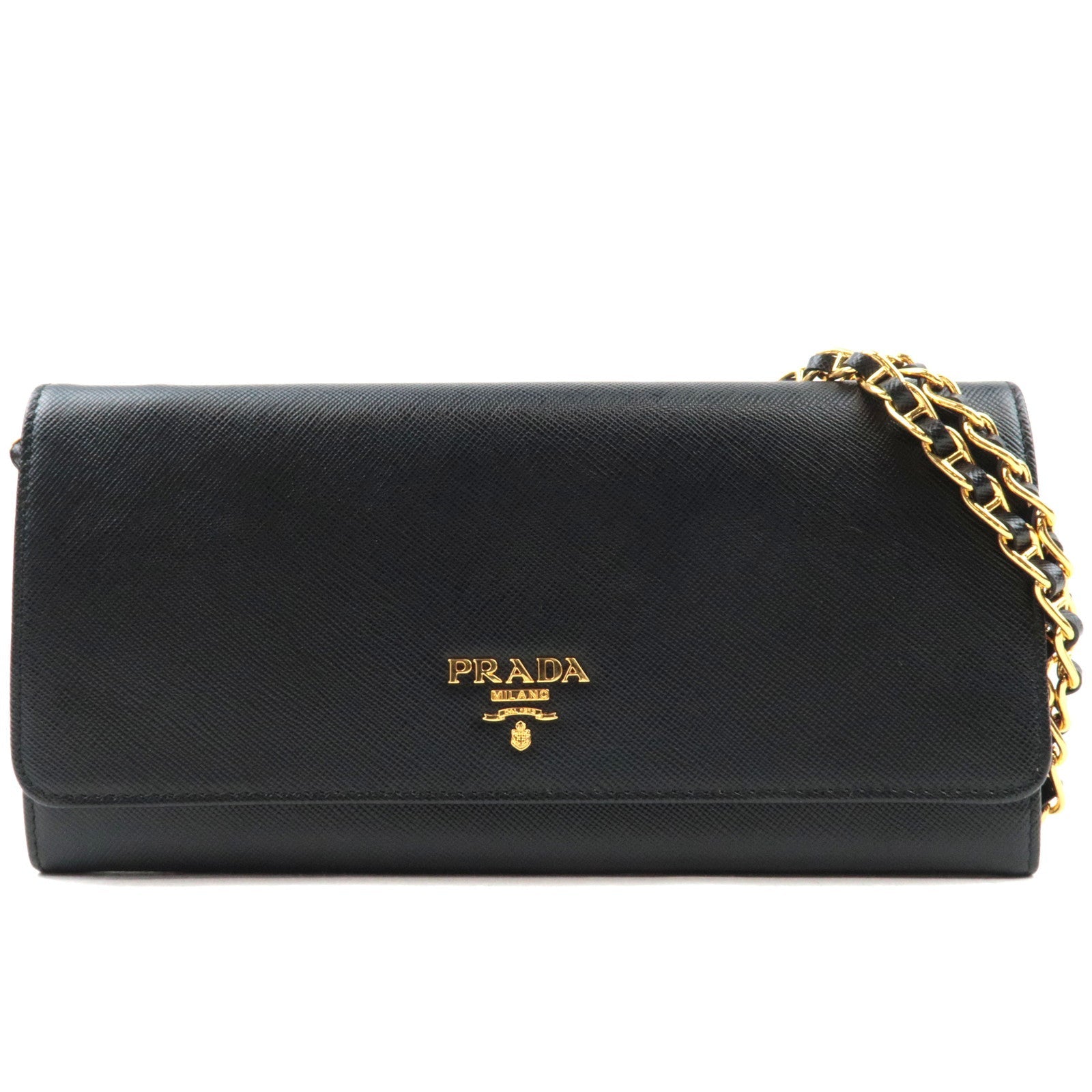 PRADA Chain Long Wallet WOC Leather Black Gold HDW 1MT290  78169